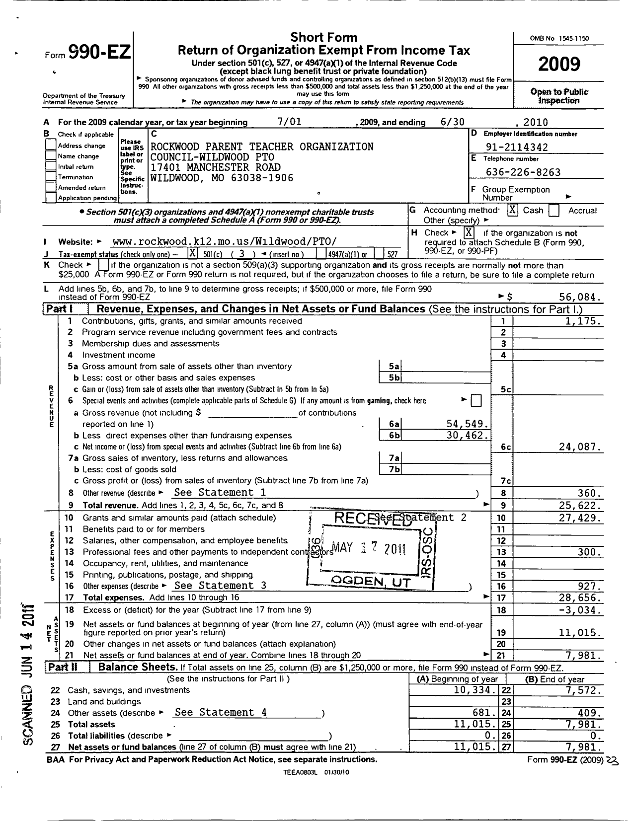 Image of first page of 2009 Form 990EZ for Rockwood Parent Teacher Organization Council / Wildwood Pto