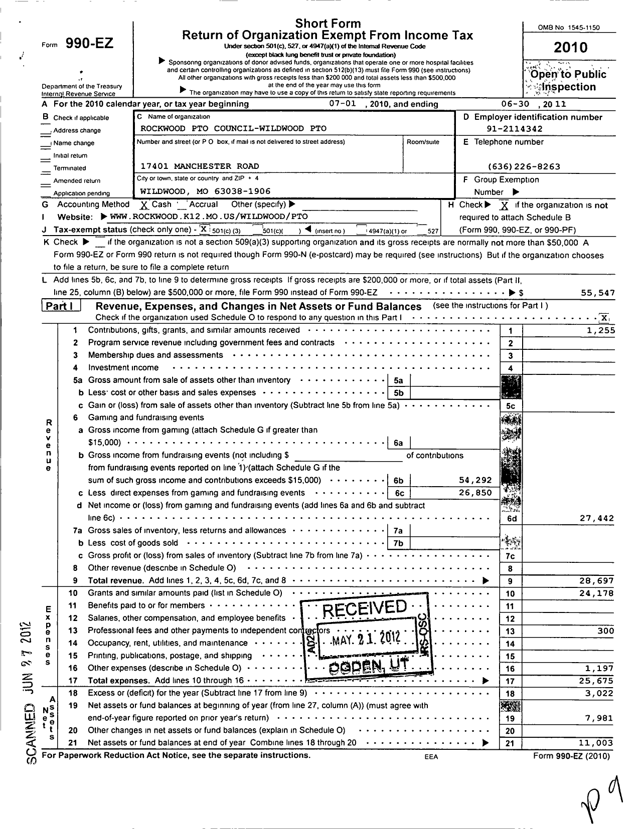 Image of first page of 2010 Form 990EZ for Rockwood Parent Teacher Organization Council / Wildwood Pto