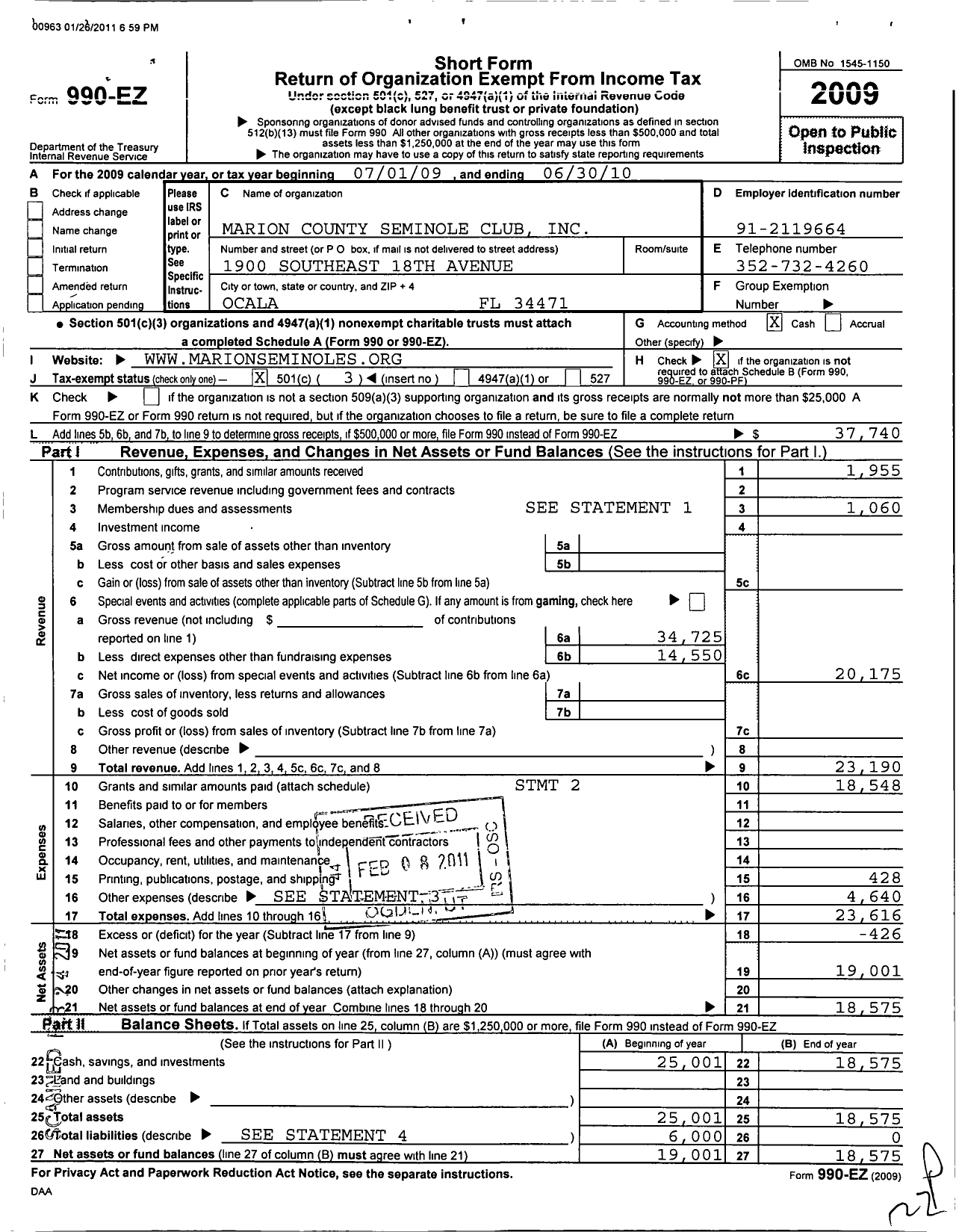 Image of first page of 2009 Form 990EZ for Marion County Seminole Club