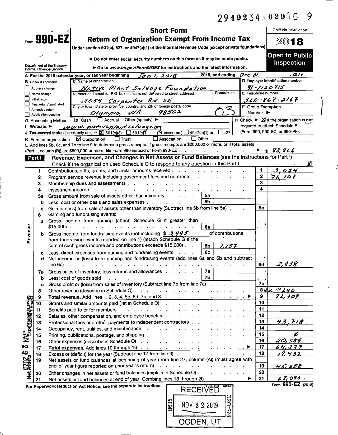 Image of first page of 2018 Form 990EZ for Native Plant Salvage Foundation