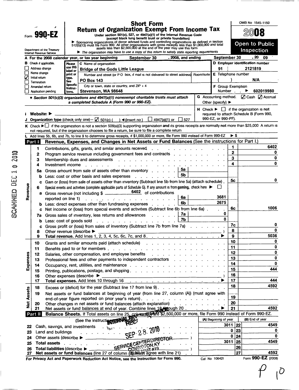 Image of first page of 2008 Form 990EO for Little League Baseball - 76019 Bridge of the Gods LL