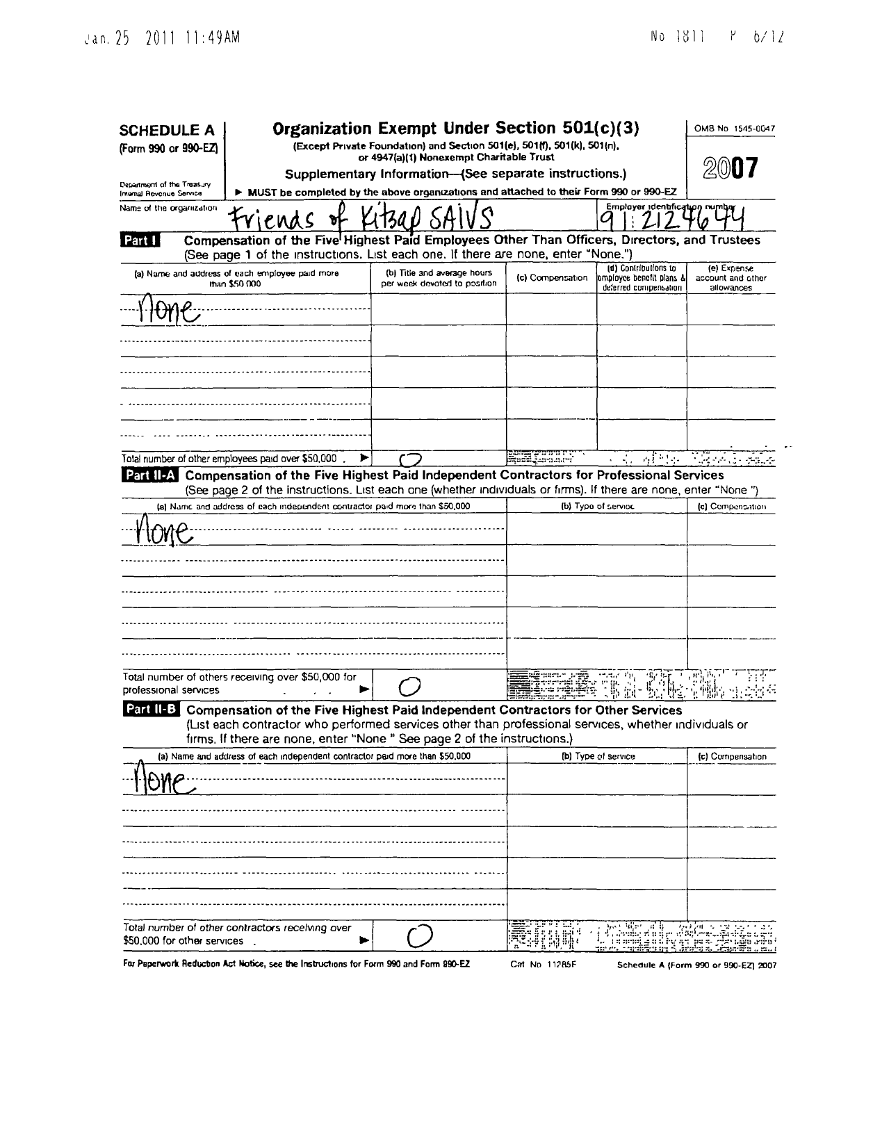 Image of first page of 2007 Form 990ER for Friends of Kitsap Saivs-Special Assault Investigations and Victims S