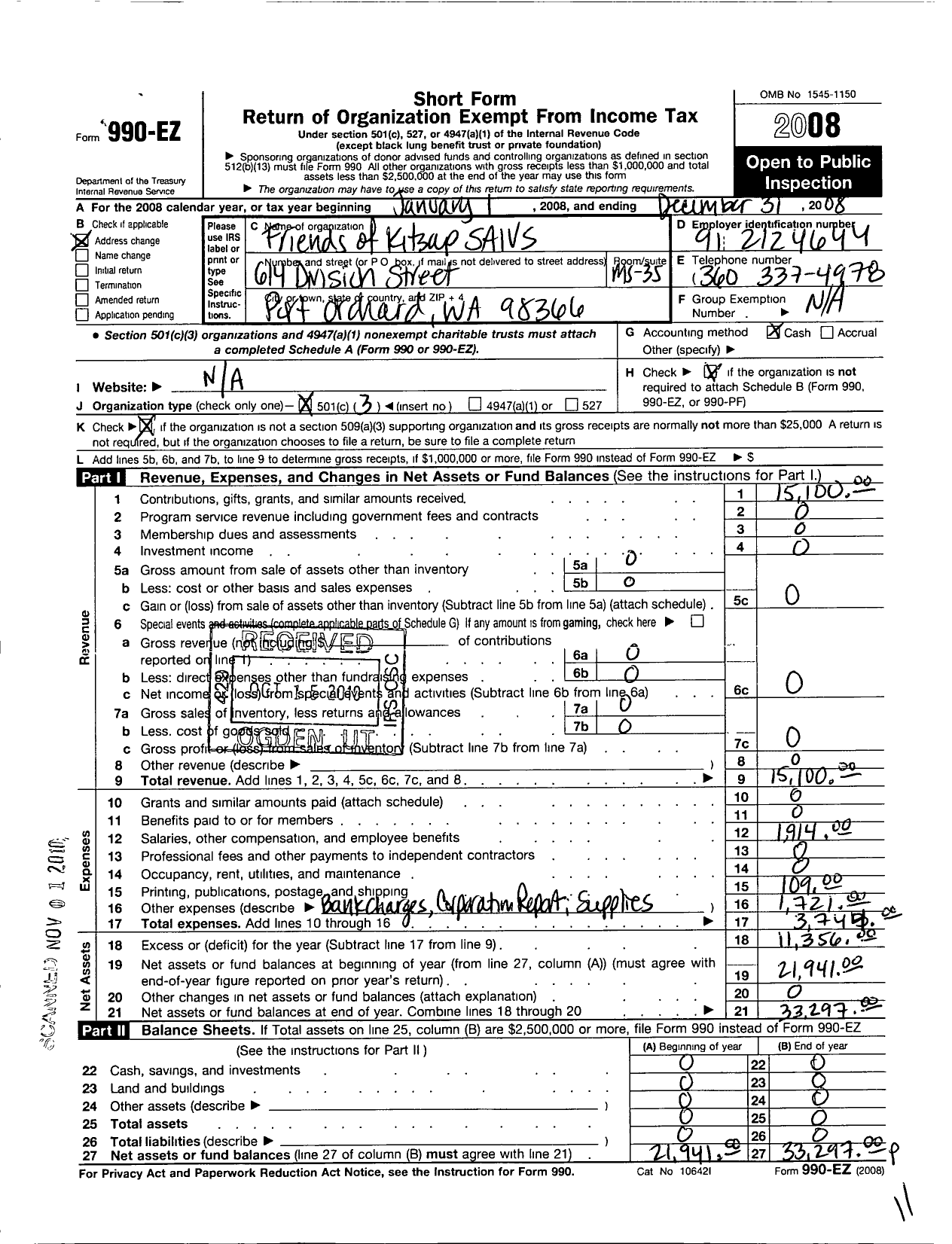 Image of first page of 2008 Form 990EZ for Friends of Kitsap Saivs-Special Assault Investigations and Victims S