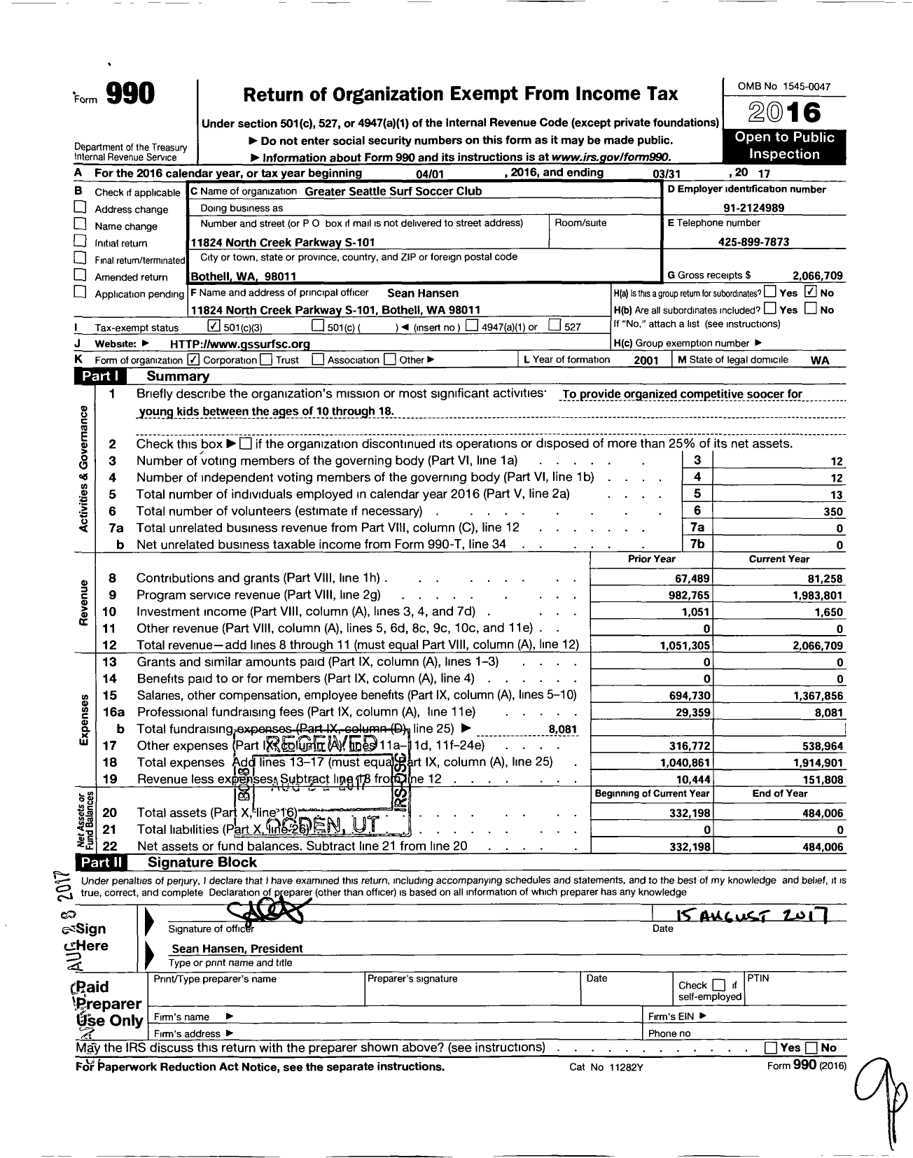 Image of first page of 2016 Form 990 for Sound Football Club