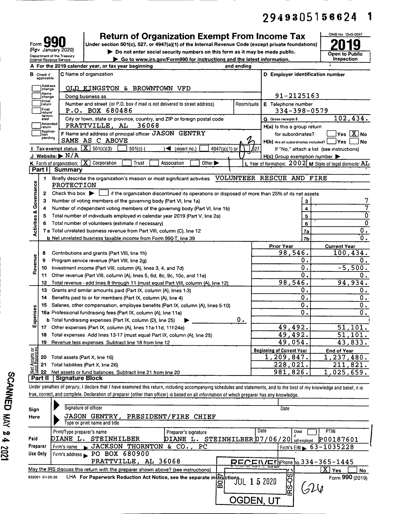 Image of first page of 2019 Form 990 for Old Kingston and Browntown VFD