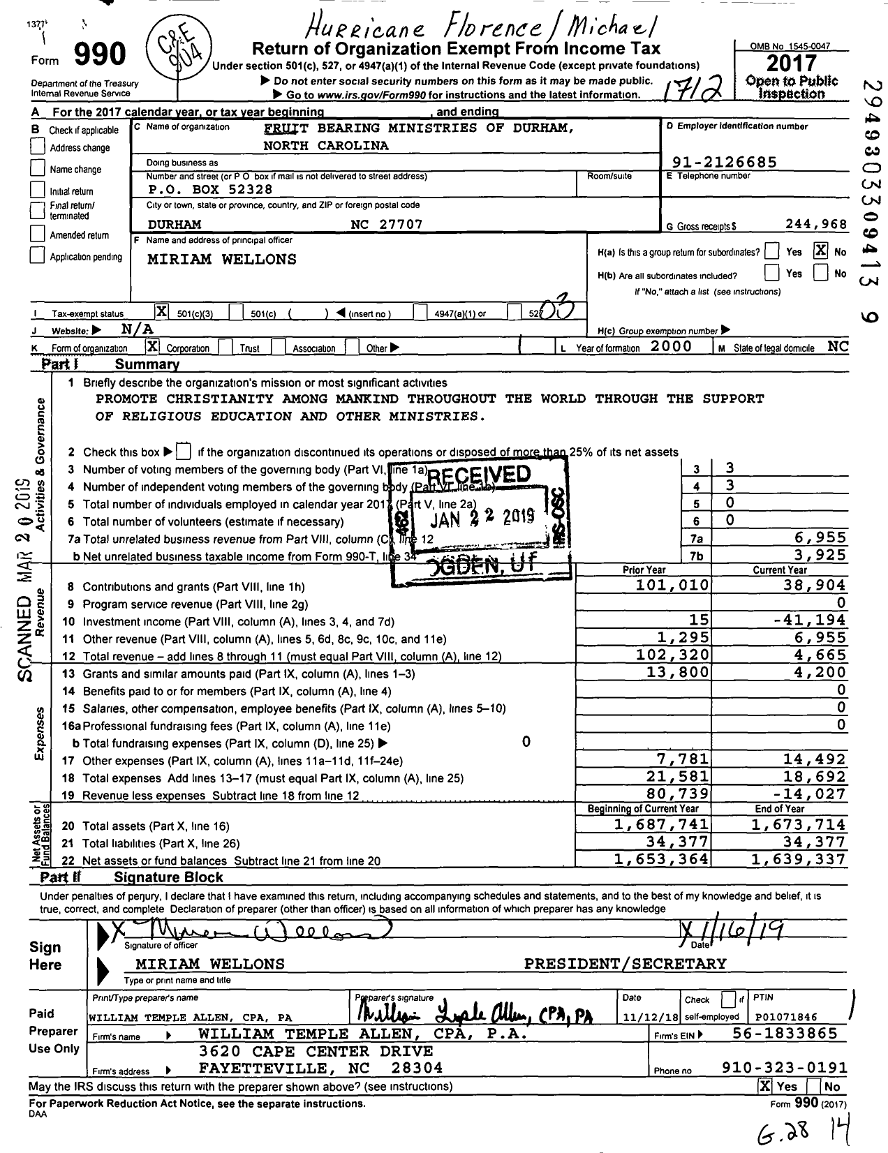 Image of first page of 2017 Form 990 for Fruit Bearing Ministries of Durham North Carolina