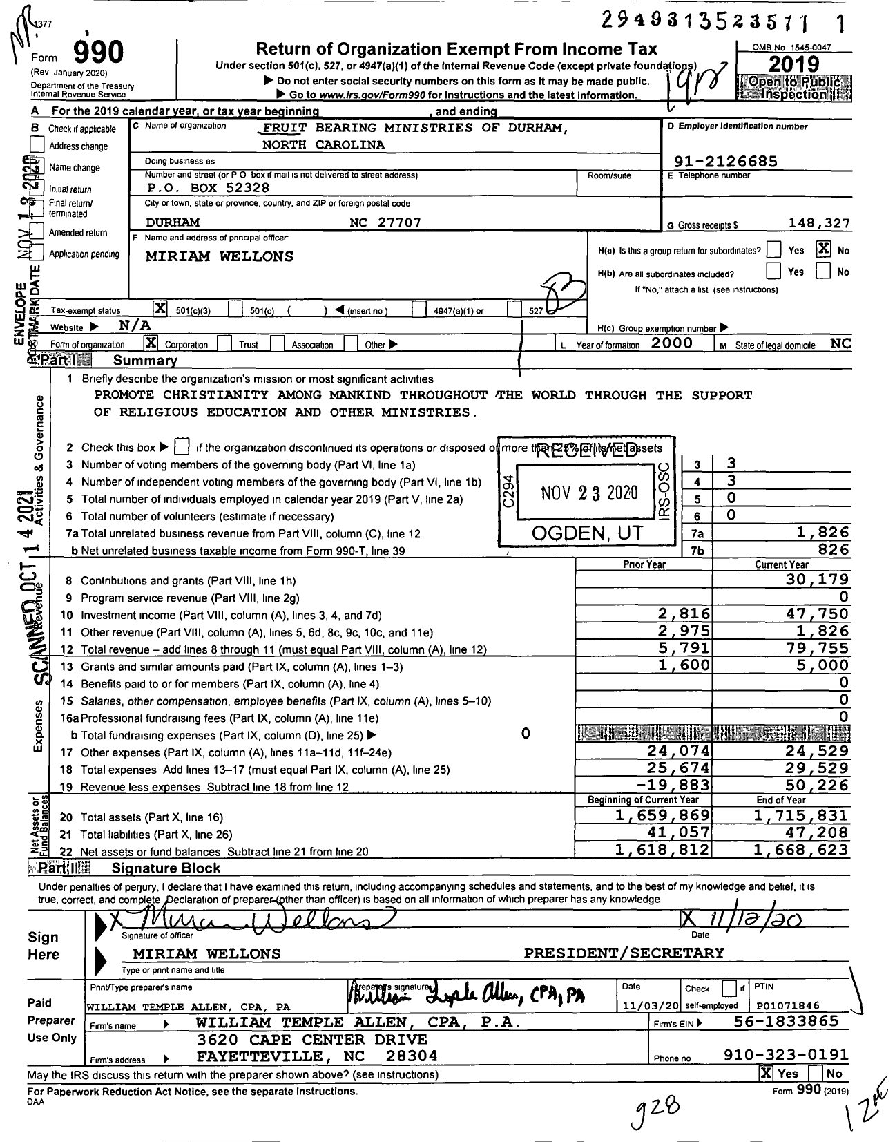 Image of first page of 2019 Form 990 for Fruit Bearing Ministries of Durham North Carolina