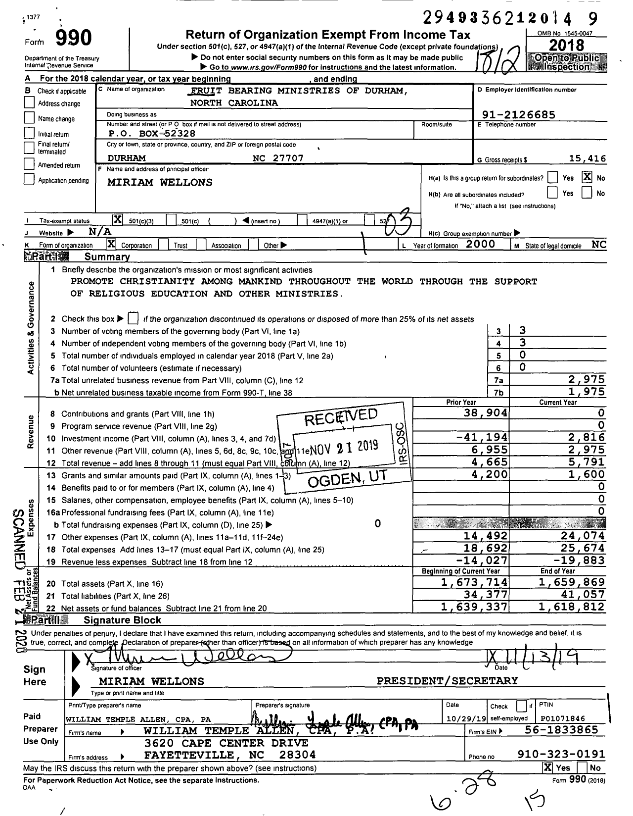 Image of first page of 2018 Form 990 for Fruit Bearing Ministries of Durham North Carolina