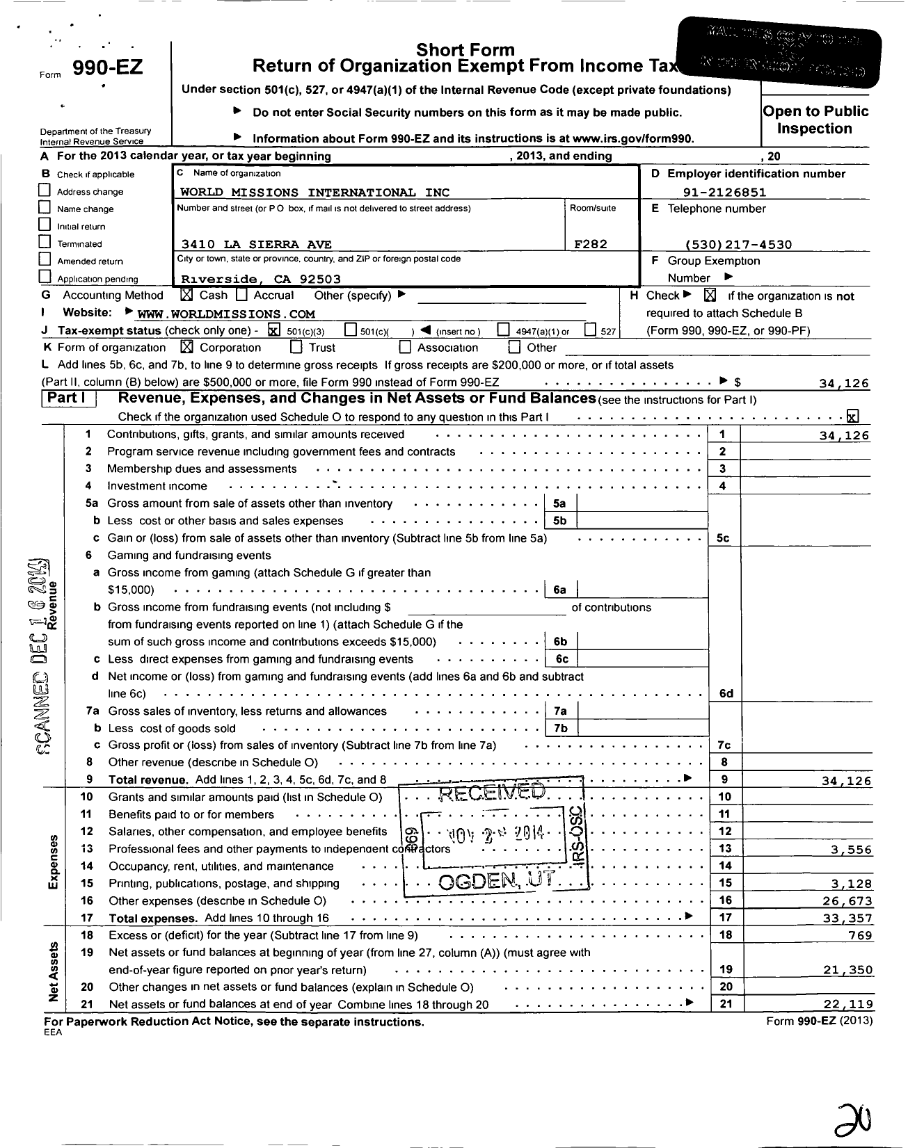 Image of first page of 2013 Form 990EZ for World Missions International