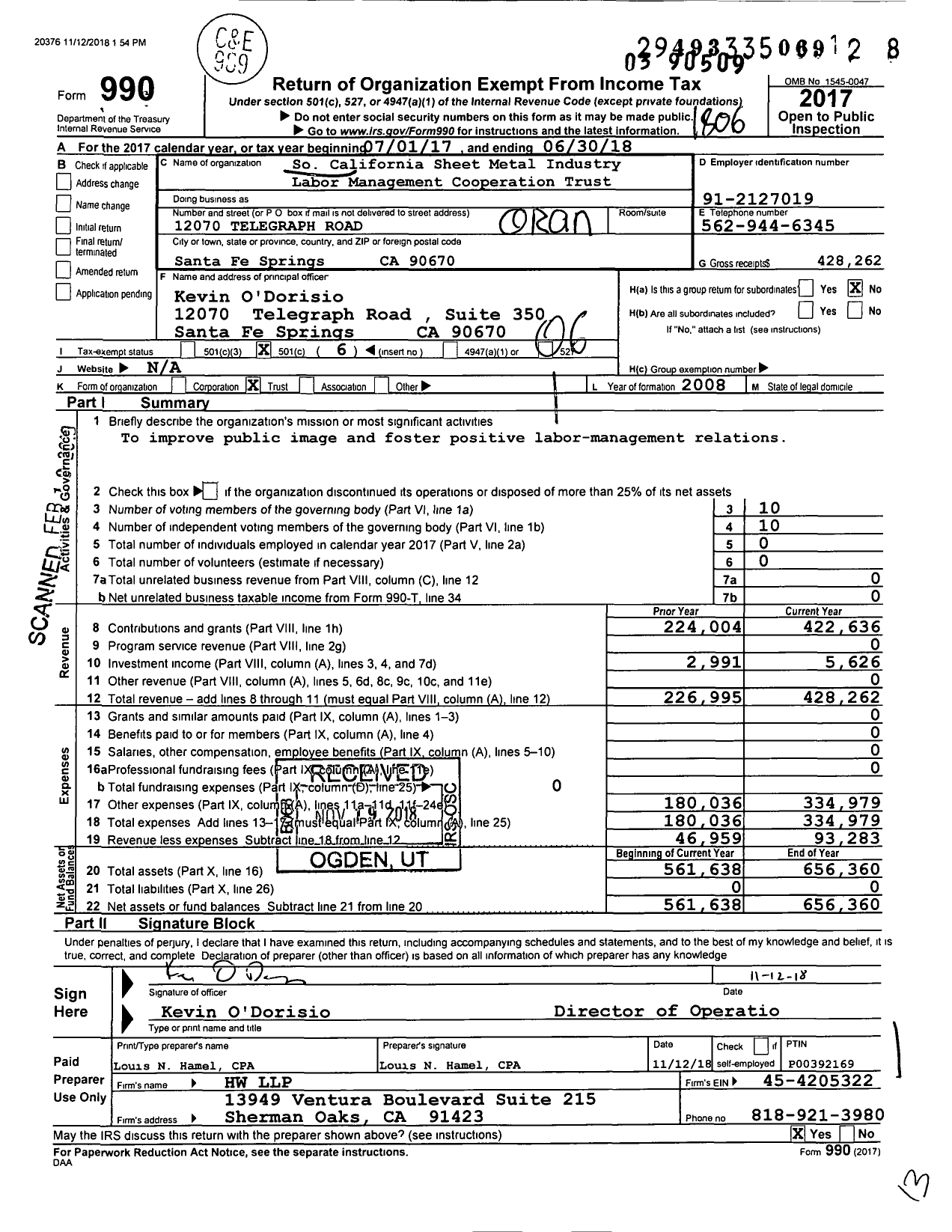 Image of first page of 2017 Form 990O for So California Sheet Metal Industry Labor Management Cooperation Trust