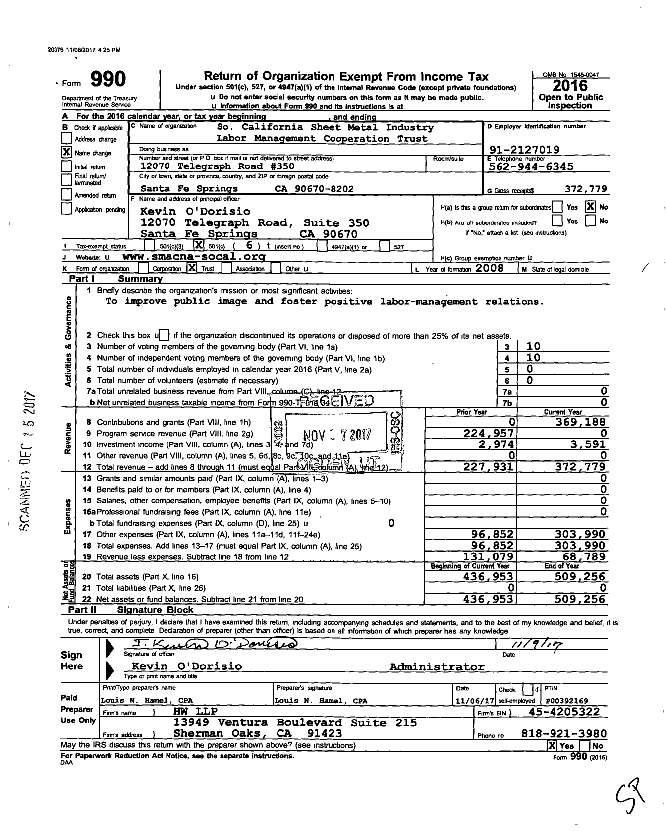 Image of first page of 2016 Form 990O for So California Sheet Metal Industry Labor Management Cooperation Trust