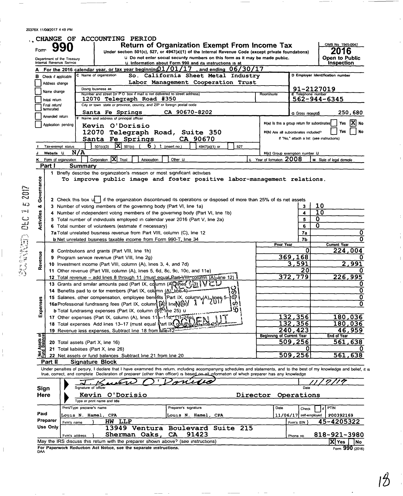 Image of first page of 2016 Form 990O for So California Sheet Metal Industry Labor Management Cooperation Trust