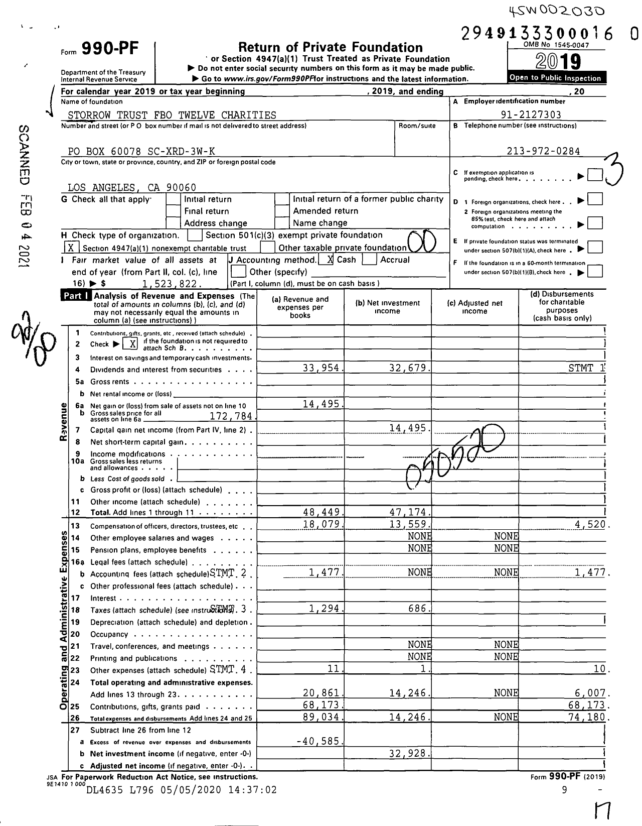 Image of first page of 2019 Form 990PF for Storrow Trust Fbo Twelve Charities