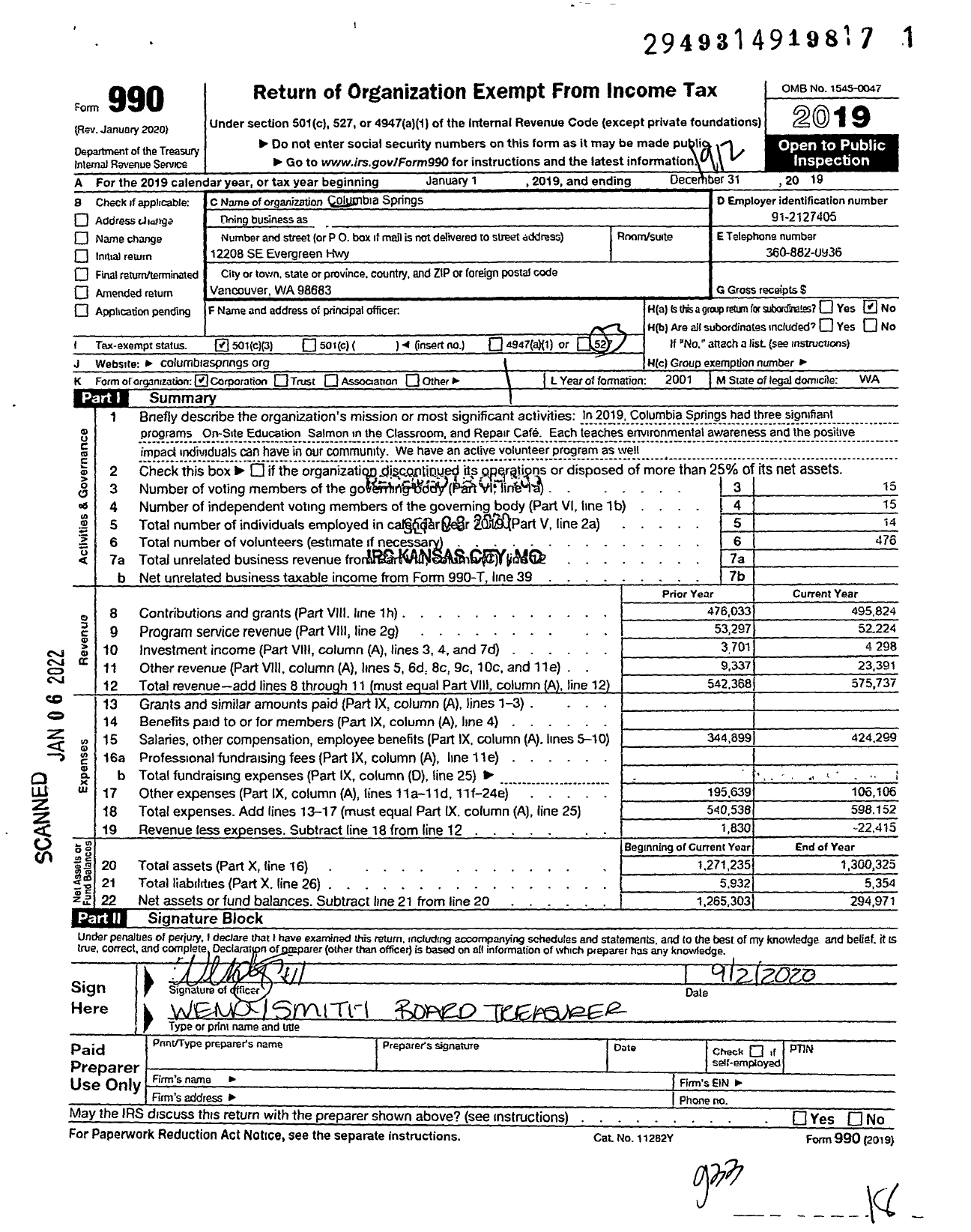 Image of first page of 2019 Form 990 for Columbia Springs