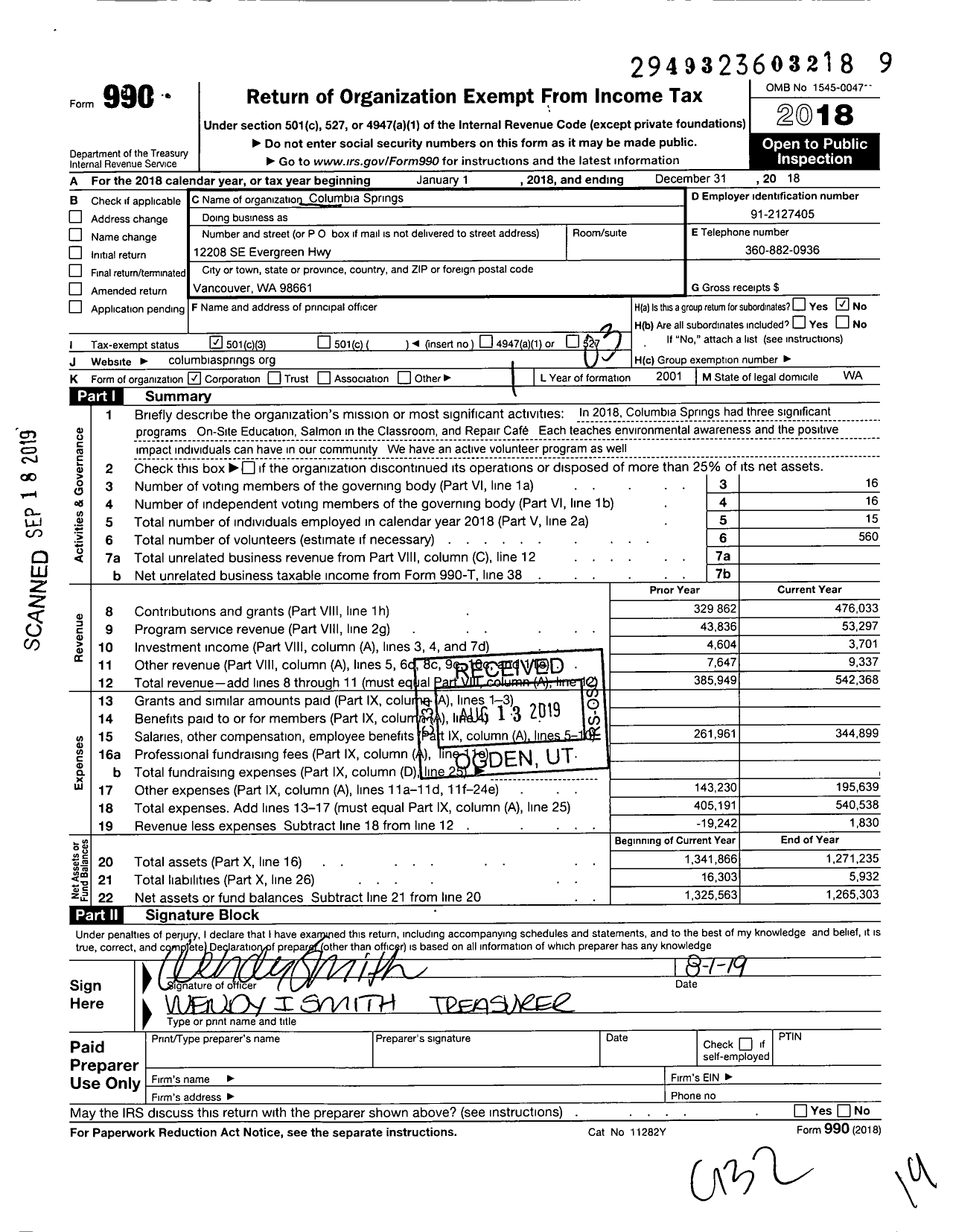 Image of first page of 2018 Form 990 for Columbia Springs