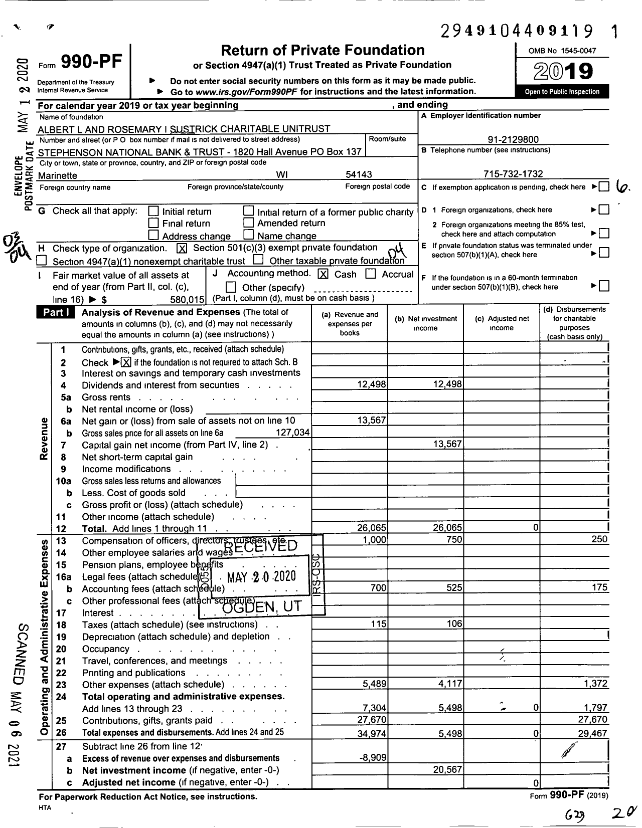 Image of first page of 2019 Form 990PF for Albert L and Rosemary I Sustrick Charitable Trust