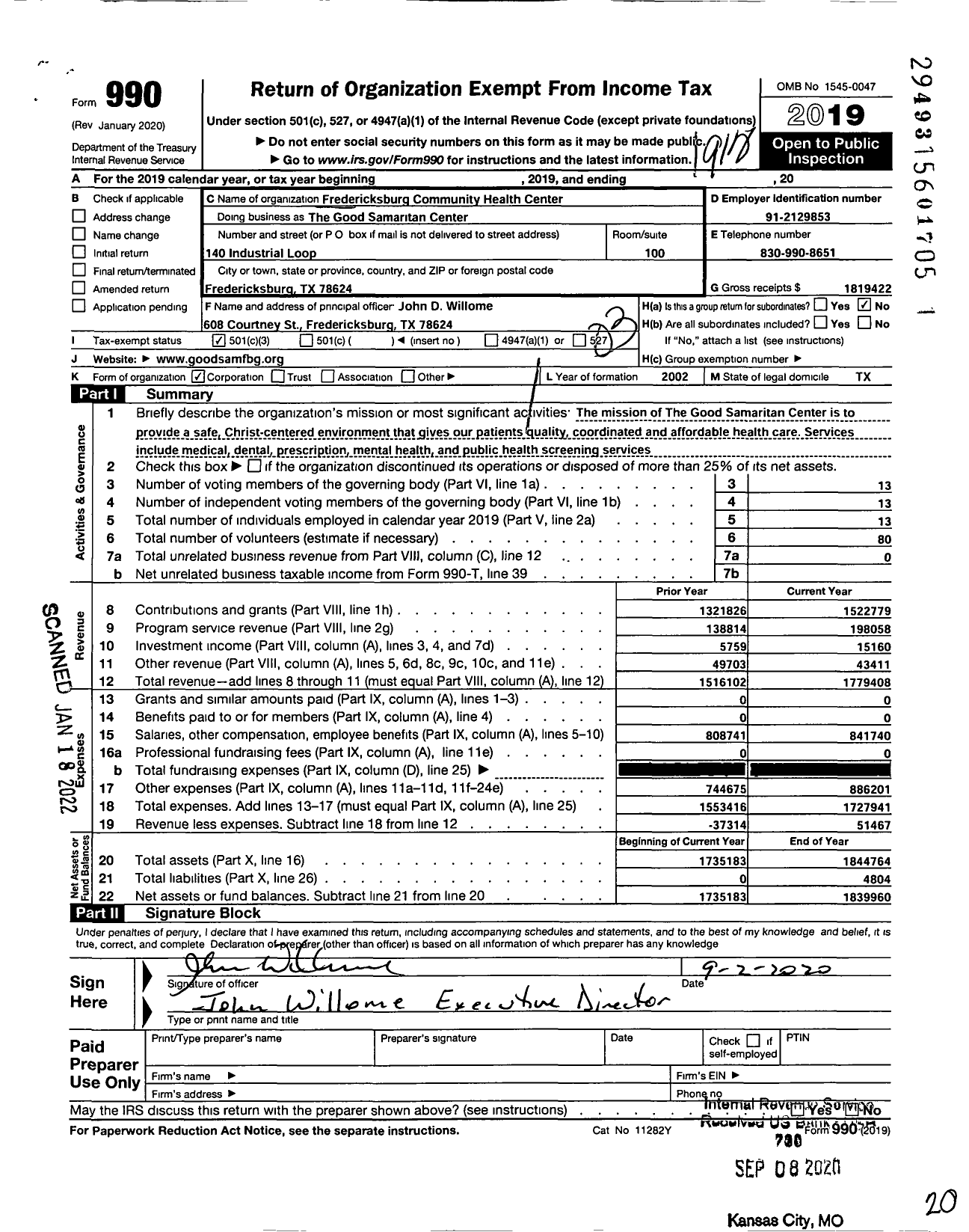 Image of first page of 2019 Form 990 for Fredericksburg Community Health Center The Good Samaritan Center (GSC)