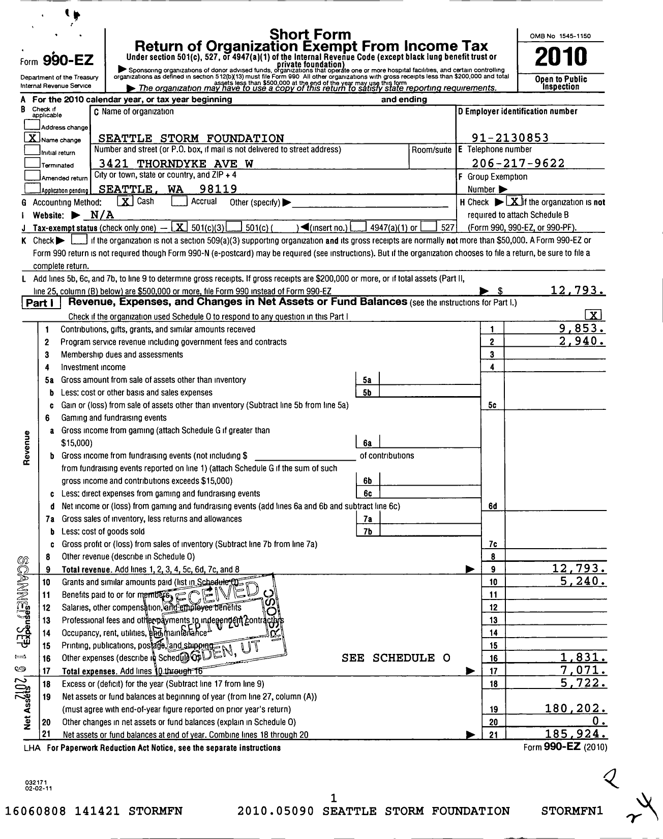 Image of first page of 2010 Form 990EZ for Seattle Storm Foundation