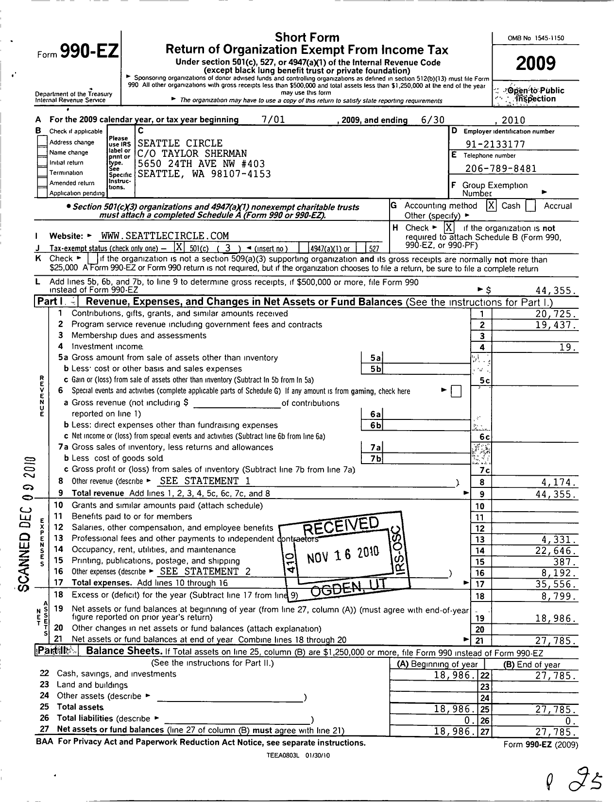 Image of first page of 2009 Form 990EZ for Seattle Circle