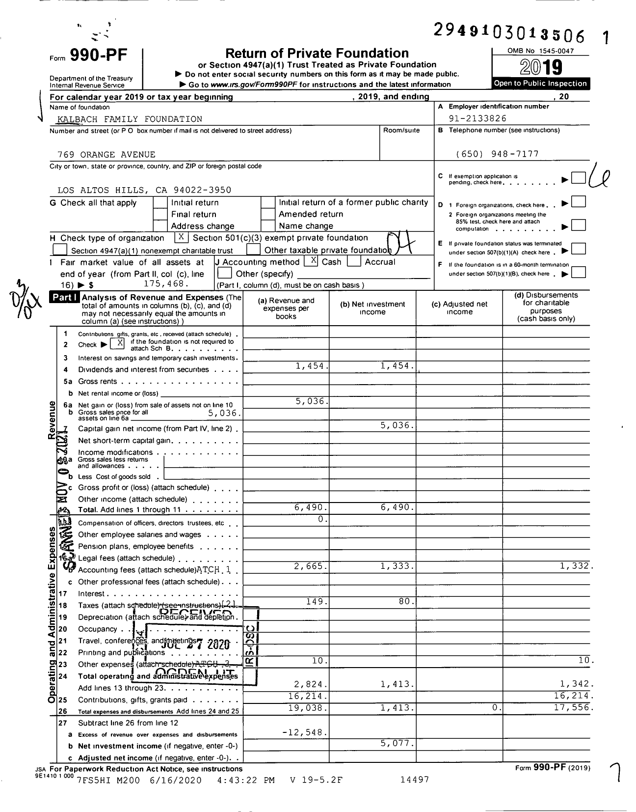 Image of first page of 2019 Form 990PF for Kalbach Family Foundation