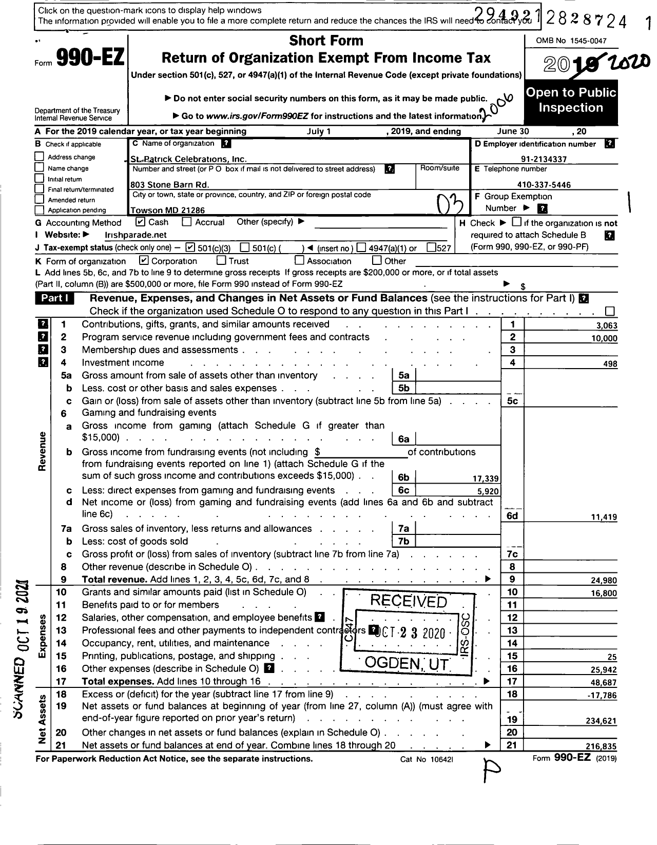 Image of first page of 2019 Form 990EZ for St Patrick Celebrations