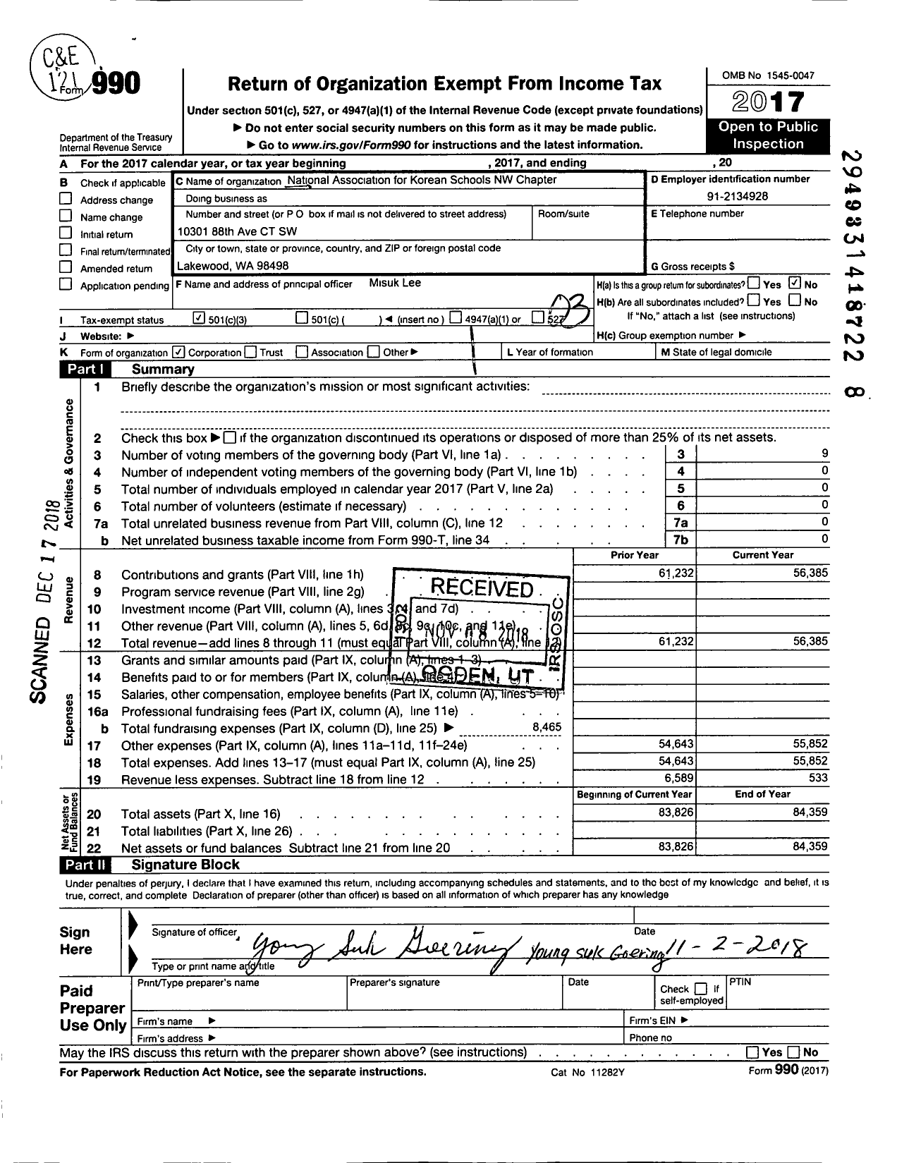 Image of first page of 2017 Form 990 for National Association for Korean Schools-Northwest Chapter