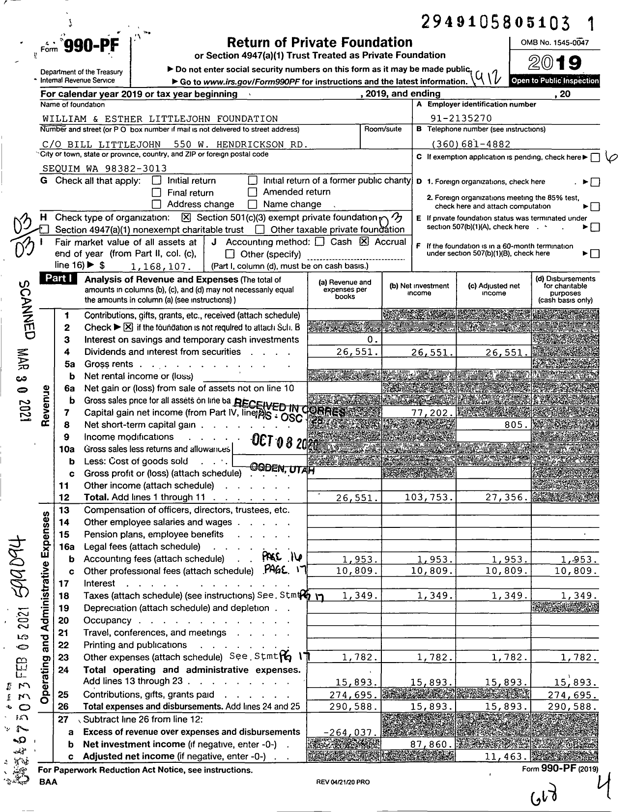 Image of first page of 2019 Form 990PF for William and Esther Littlejohn Foundation