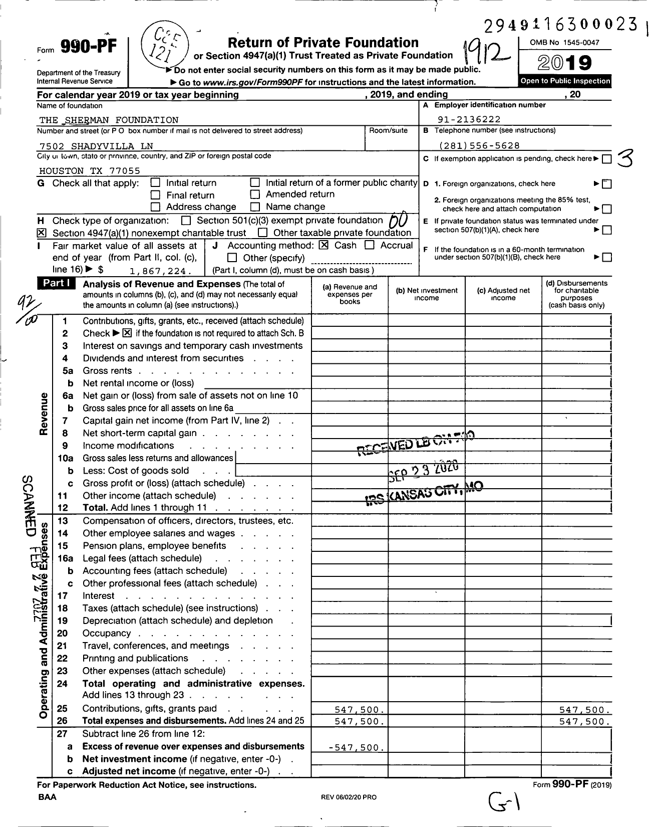 Image of first page of 2019 Form 990PF for The Sherman Foundation