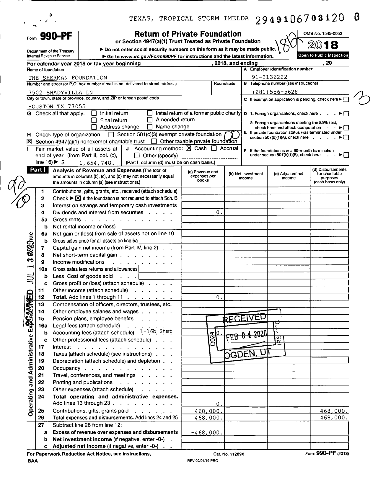 Image of first page of 2018 Form 990PR for The Sherman Foundation