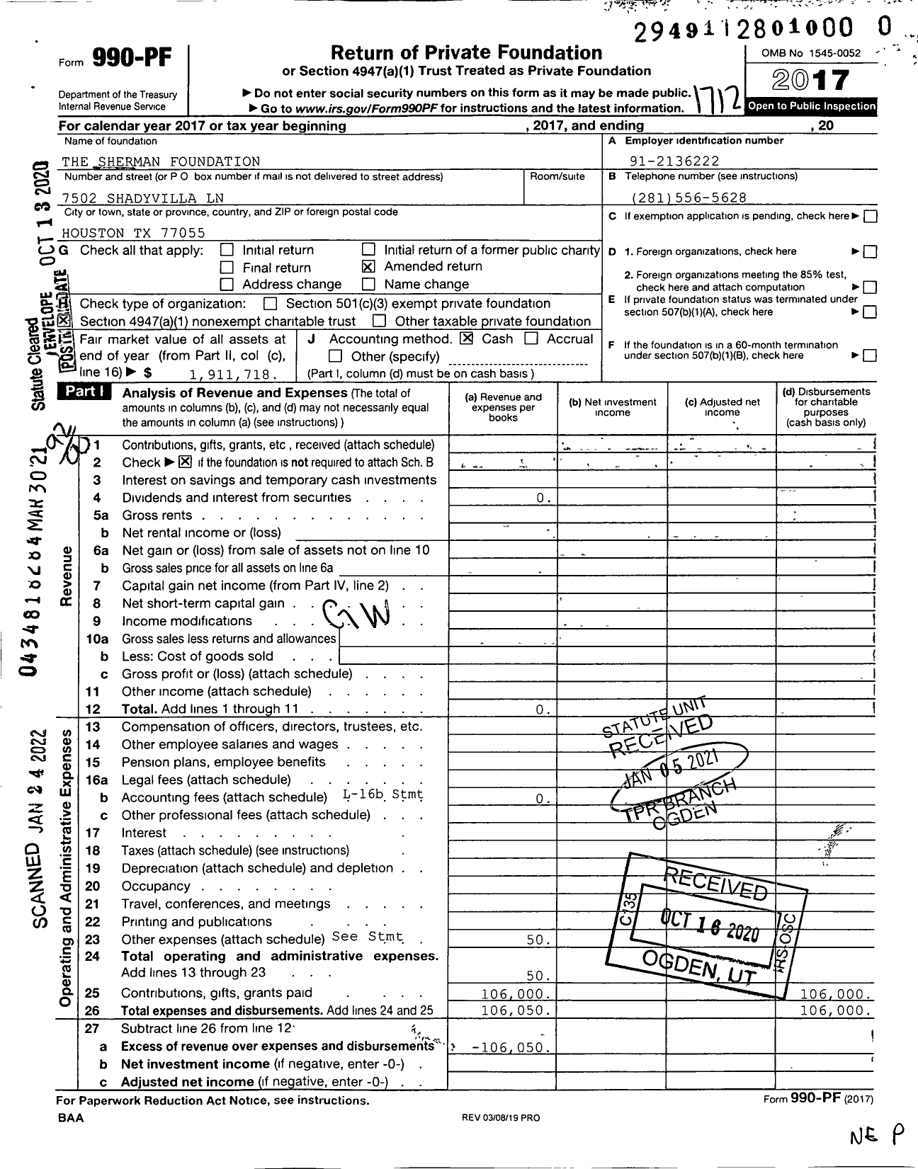 Image of first page of 2017 Form 990PF for The Sherman Foundation