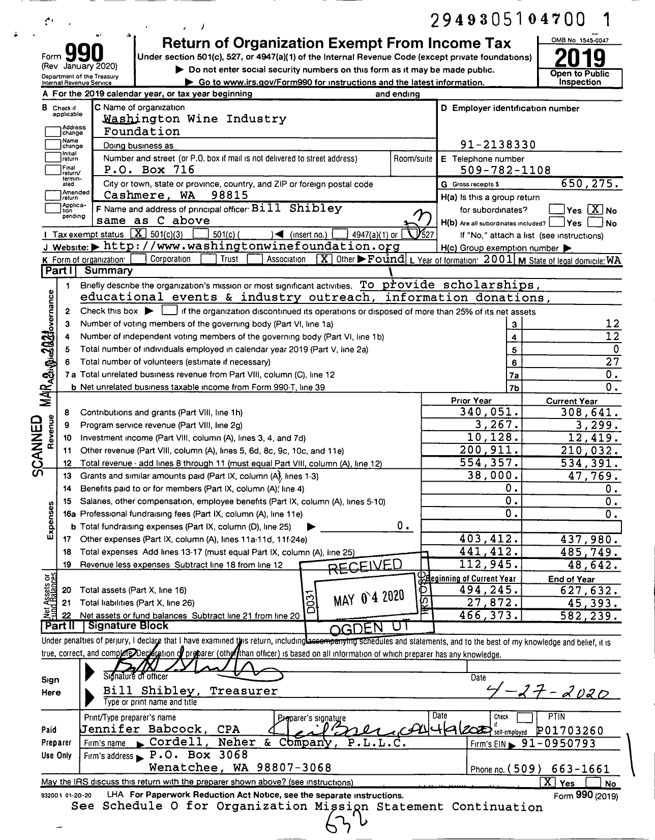 Image of first page of 2019 Form 990 for Washington Wine Industry Foundation