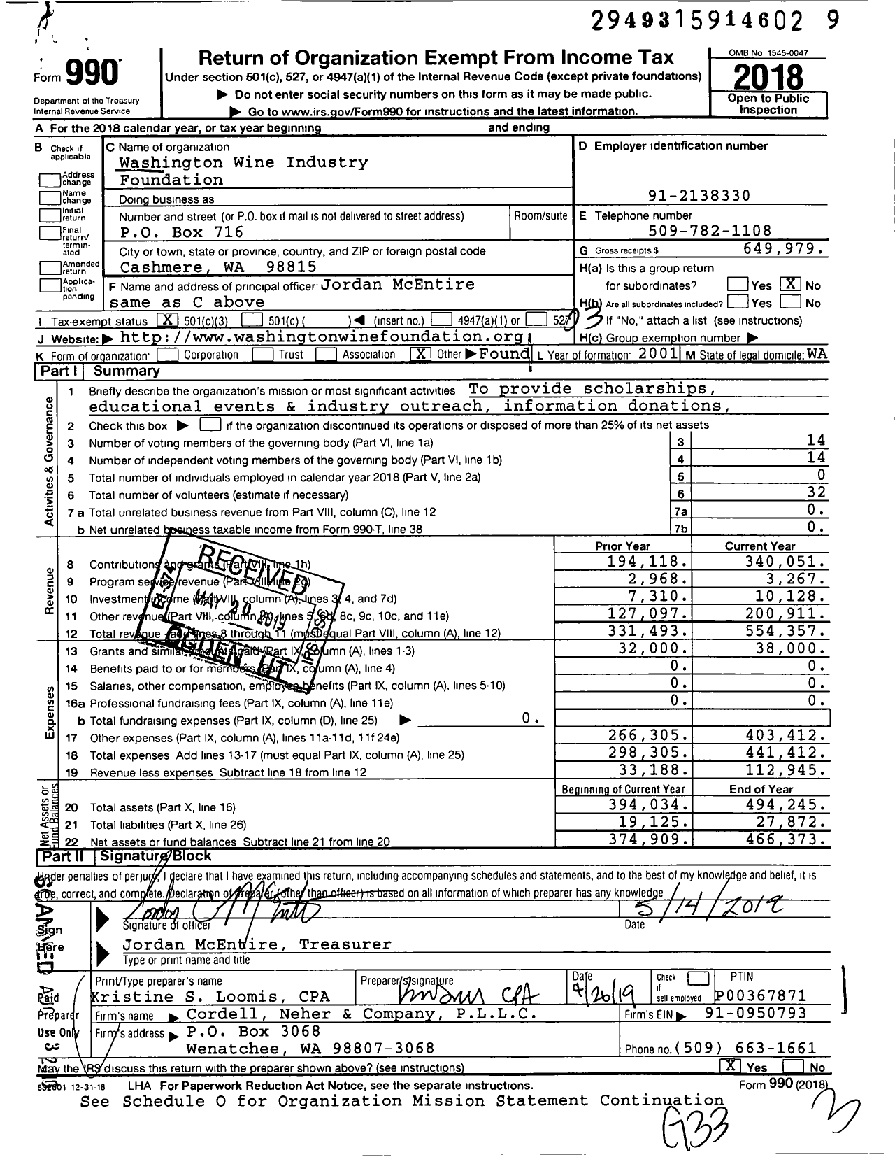 Image of first page of 2018 Form 990 for Washington Wine Industry Foundation