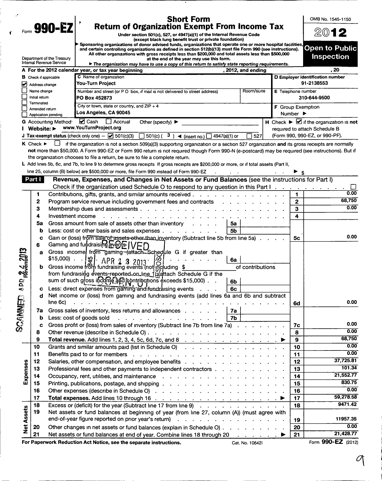 Image of first page of 2012 Form 990EZ for You-Turn Project