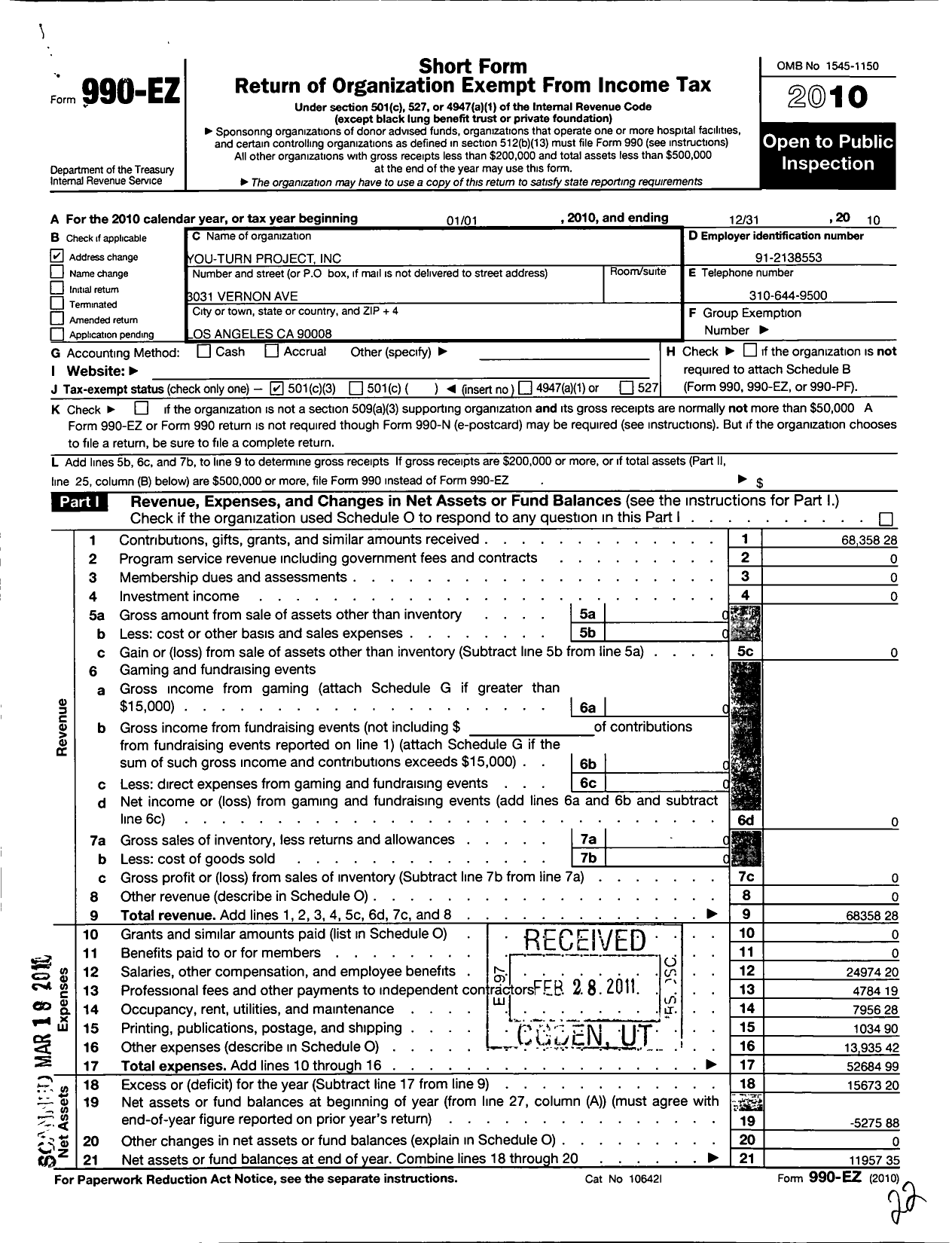 Image of first page of 2010 Form 990EZ for You-Turn Project