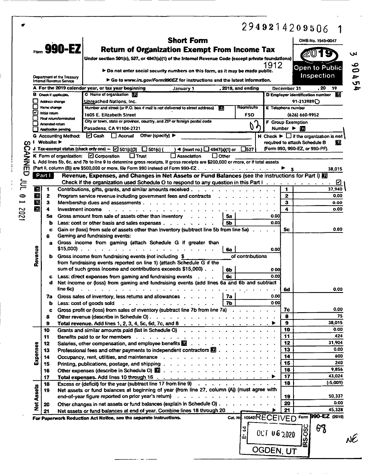 Image of first page of 2019 Form 990EZ for Unreached Nations