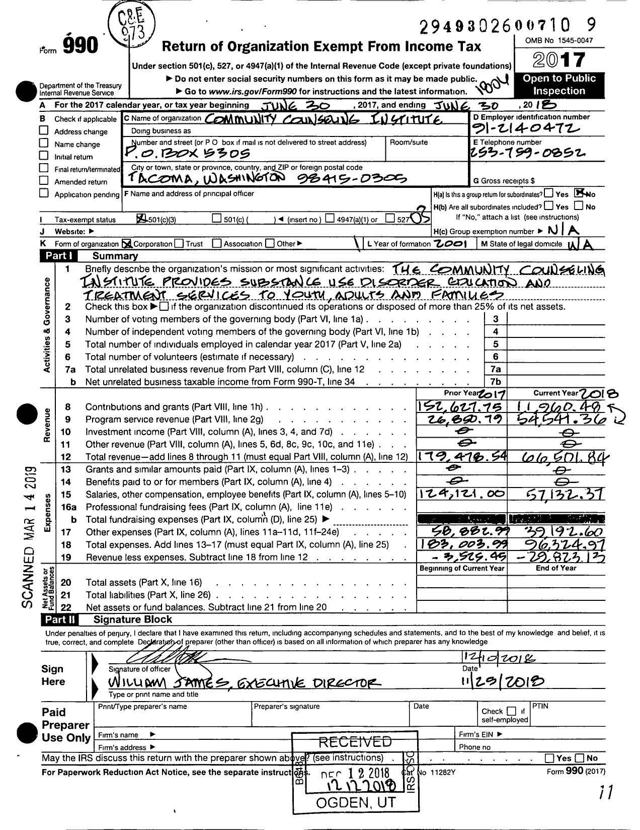 Image of first page of 2017 Form 990 for Community Counseling Institute