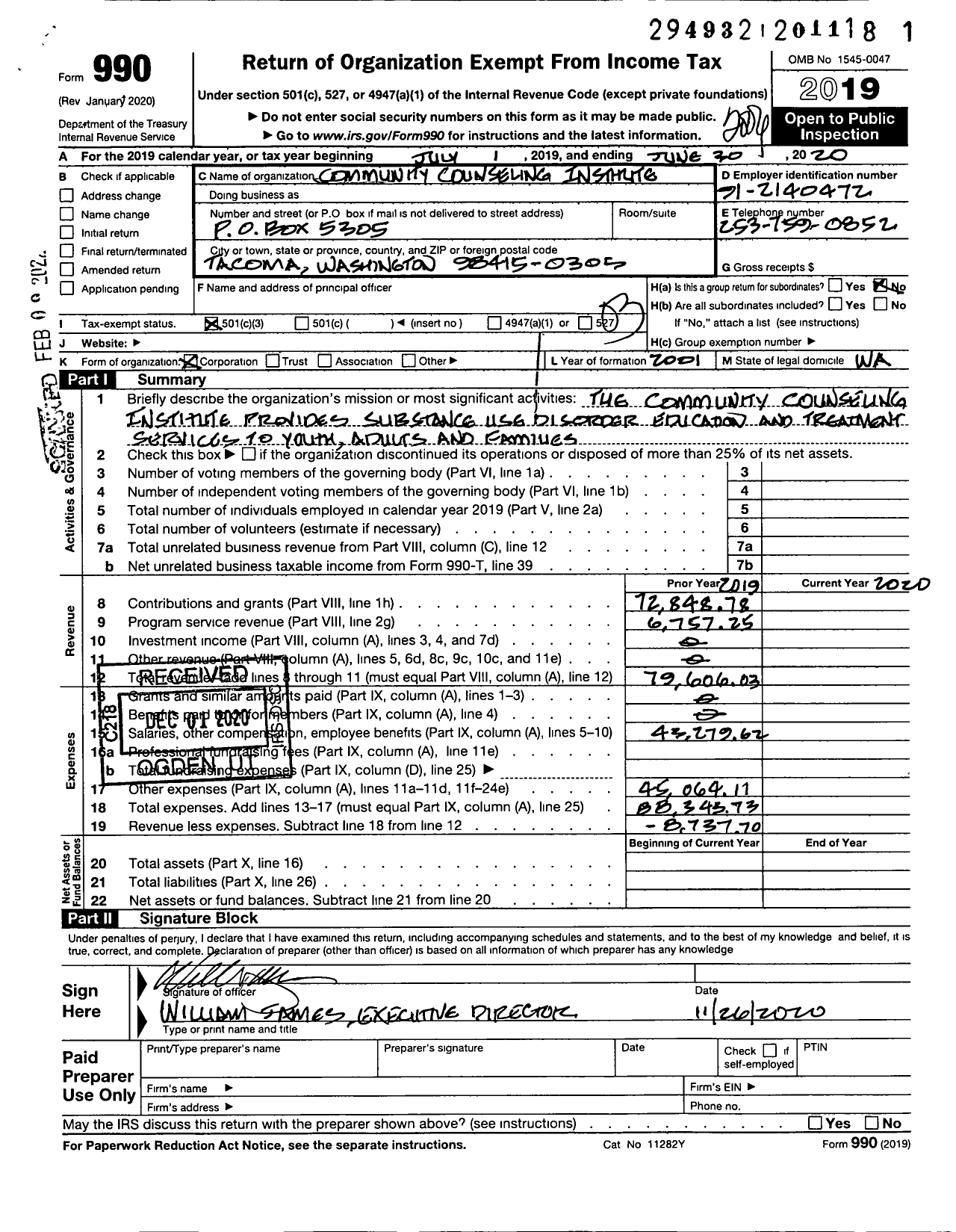 Image of first page of 2019 Form 990 for Community Counseling Institute