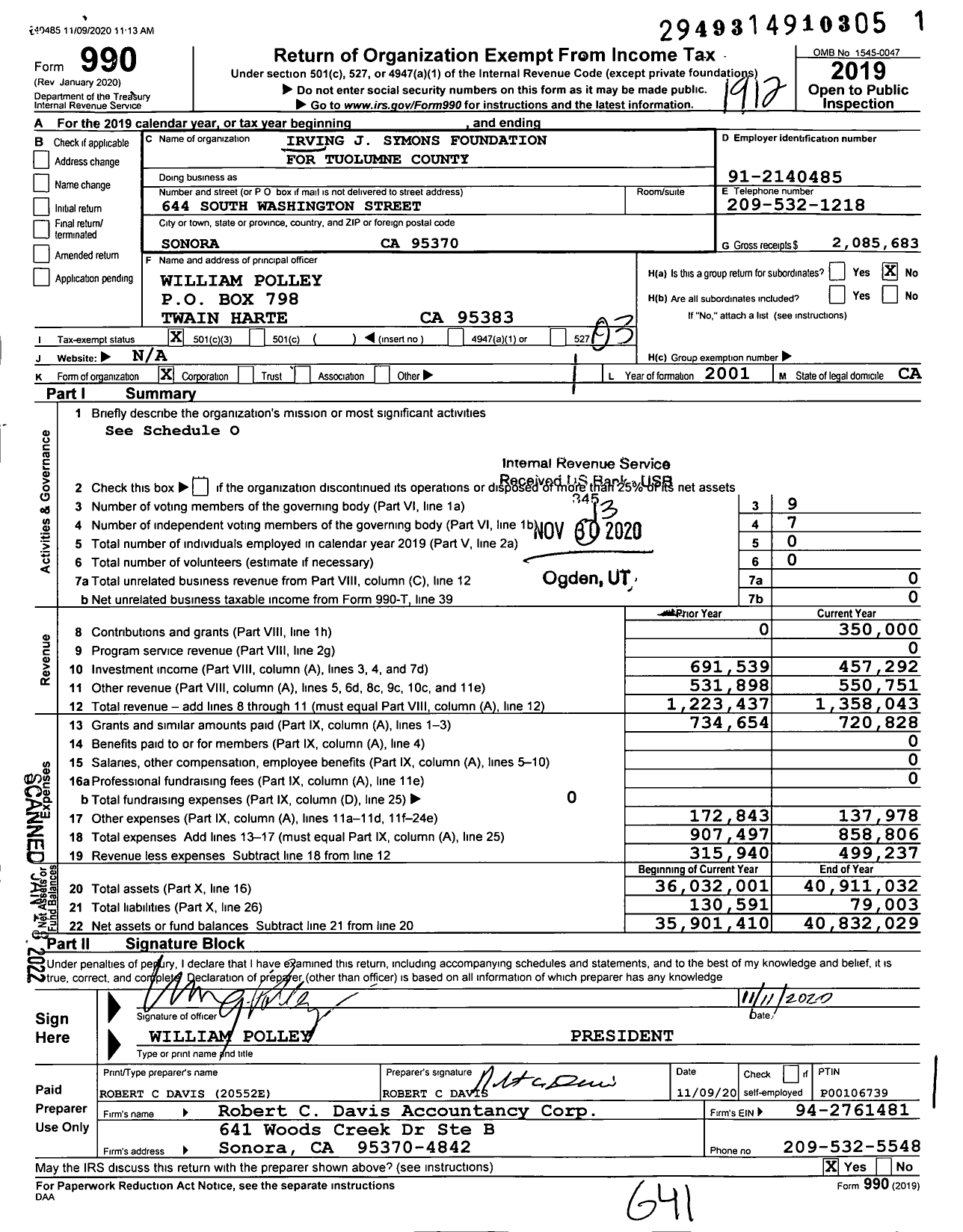 Image of first page of 2019 Form 990 for Irving J Symons Foundation