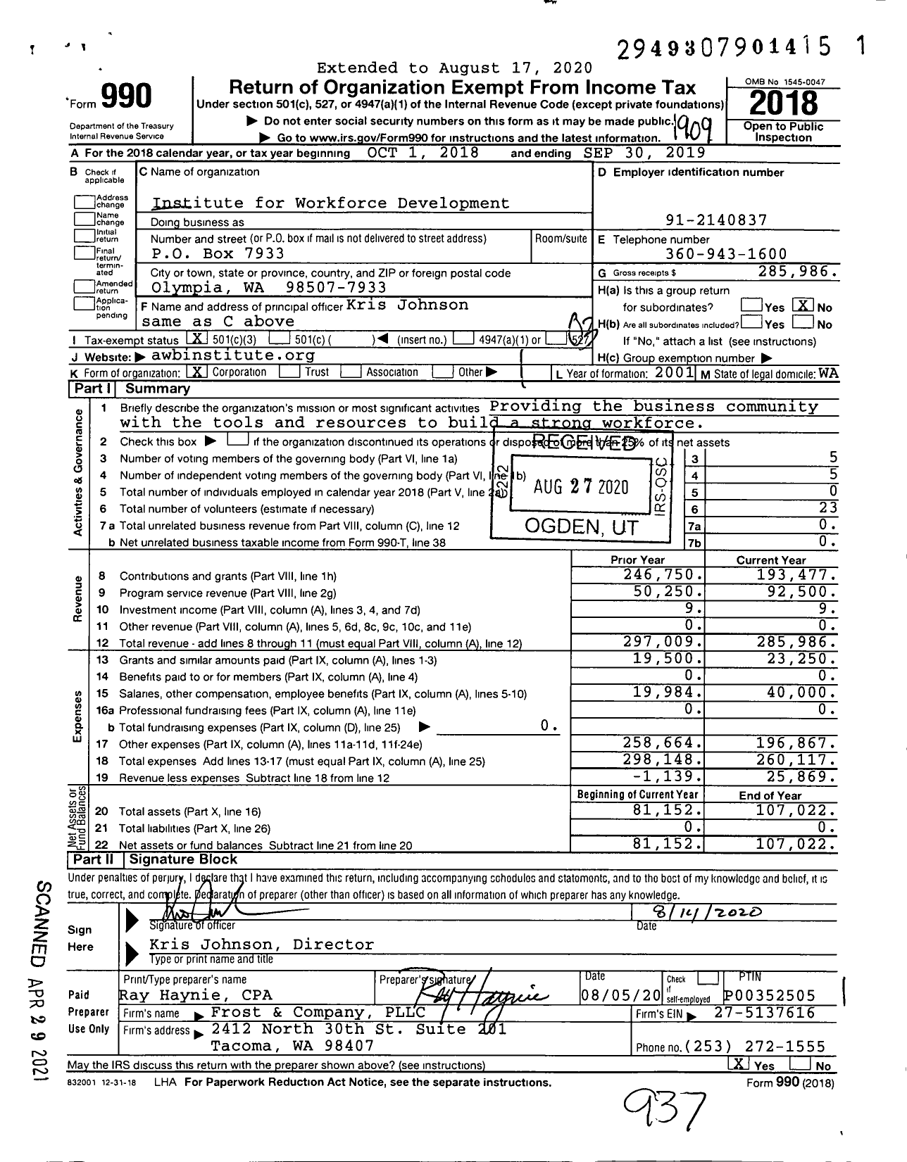 Image of first page of 2018 Form 990 for Institute for Workforce Development