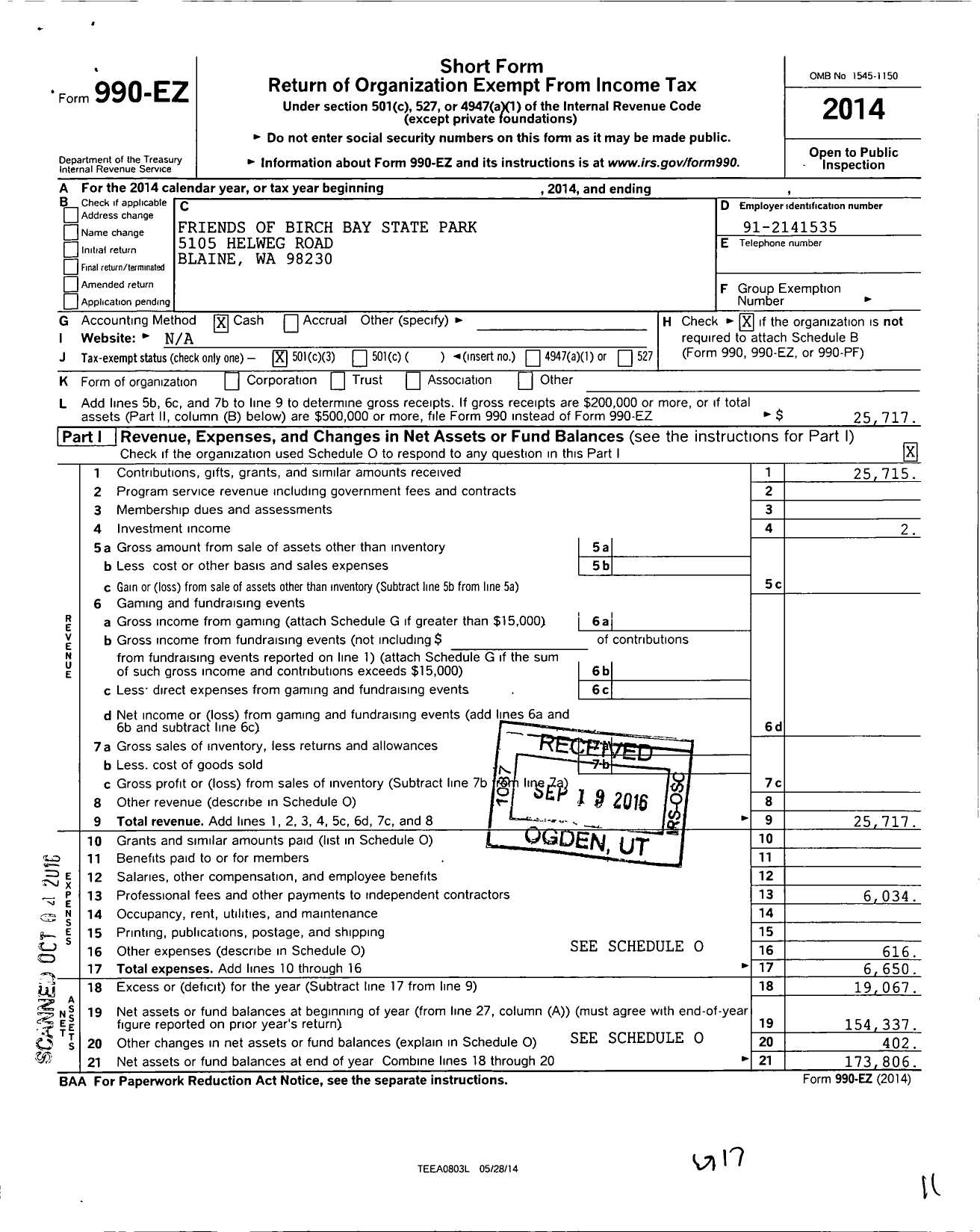 Image of first page of 2014 Form 990EZ for Friends of Birch Bay State Park