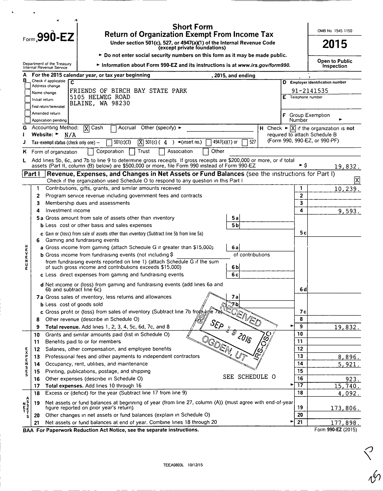 Image of first page of 2015 Form 990EO for Friends of Birch Bay State Park