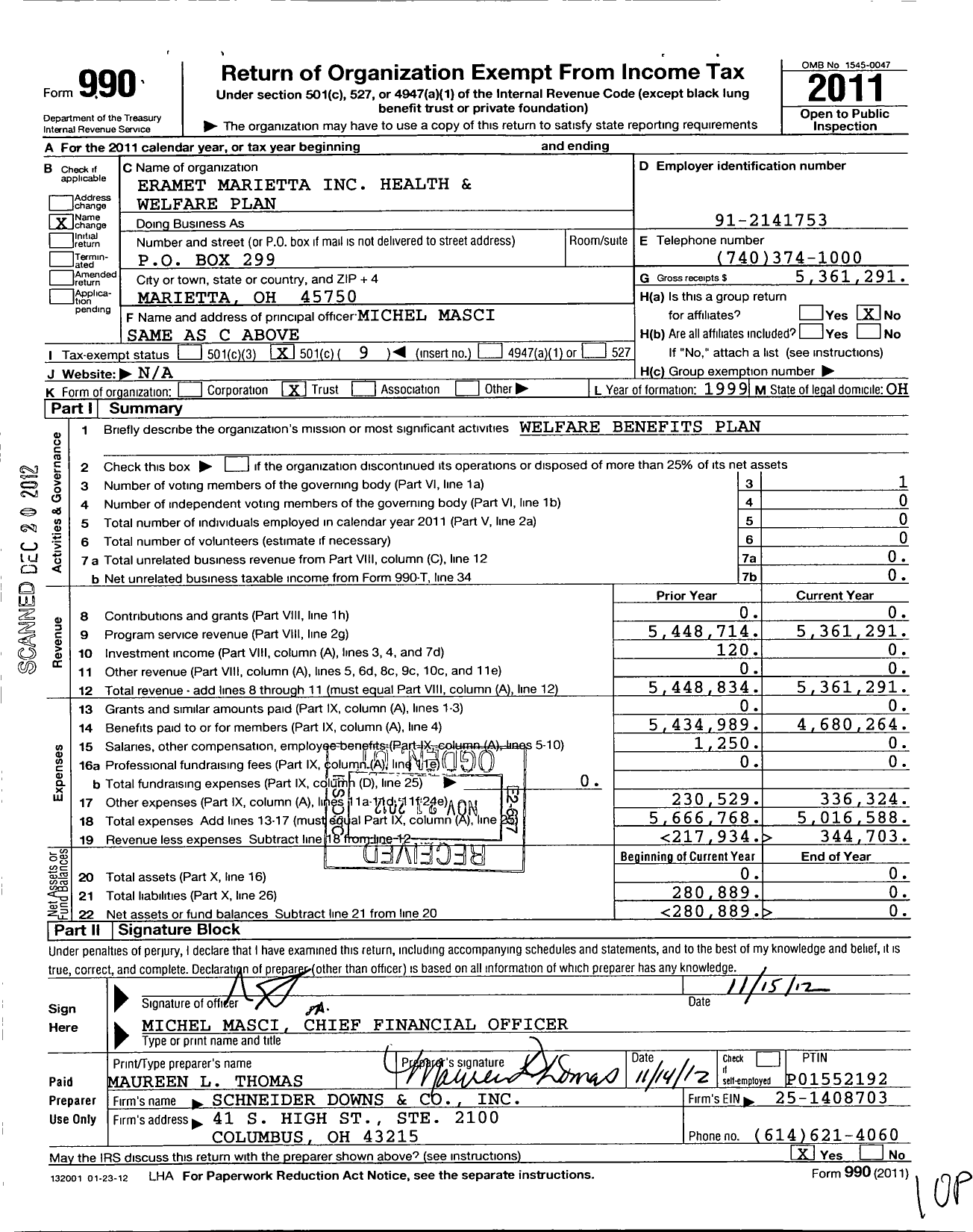 Image of first page of 2011 Form 990O for Eramet Marietta Health and Welfare Benefits Plan for Hourly E