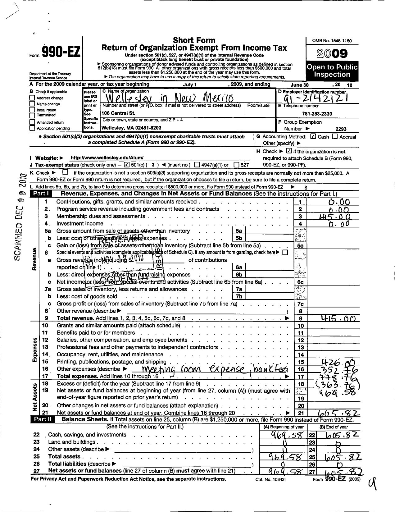 Image of first page of 2009 Form 990EZ for Wellesley College Alumnae Association / Wellesley Club of New Mexico