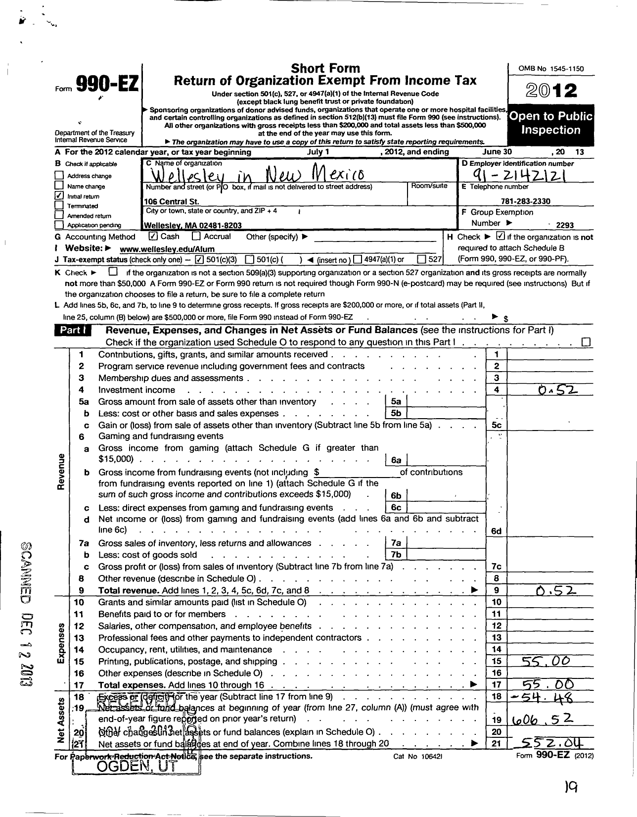 Image of first page of 2012 Form 990EZ for Wellesley College Alumnae Association / Wellesley Club of New Mexico