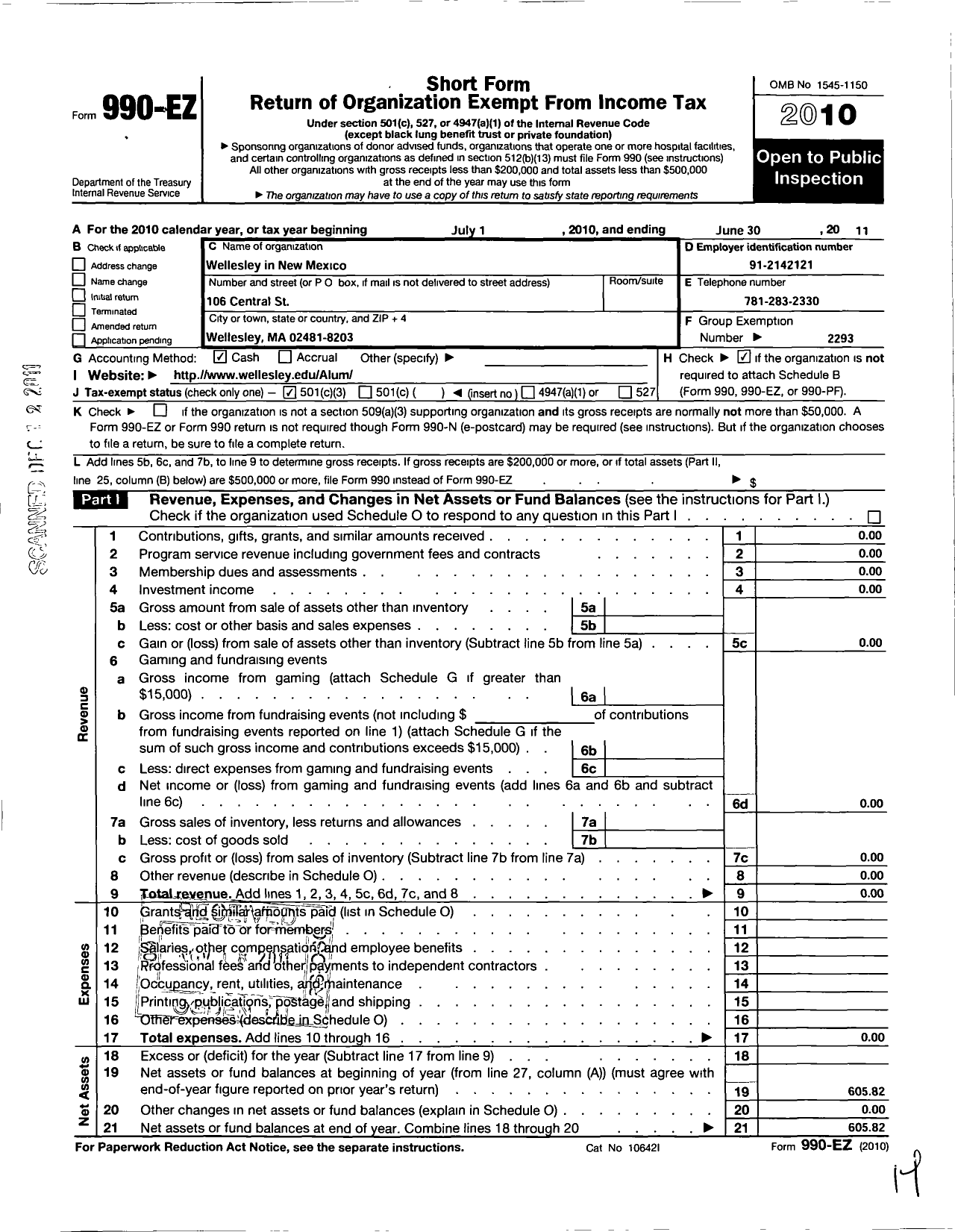 Image of first page of 2010 Form 990EZ for Wellesley College Alumnae Association / Wellesley Club of New Mexico