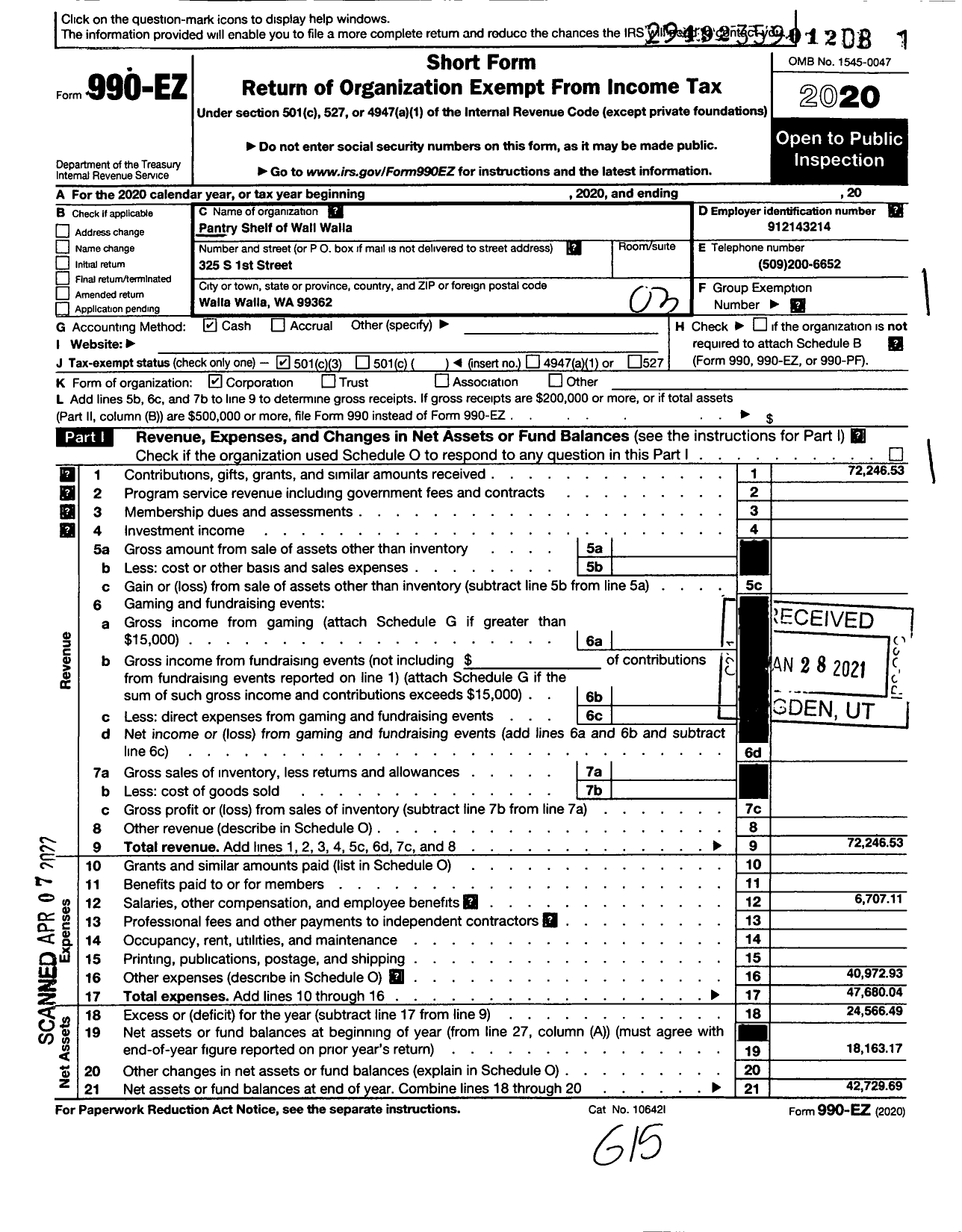 Image of first page of 2020 Form 990EZ for Pantry Shelf of Walla