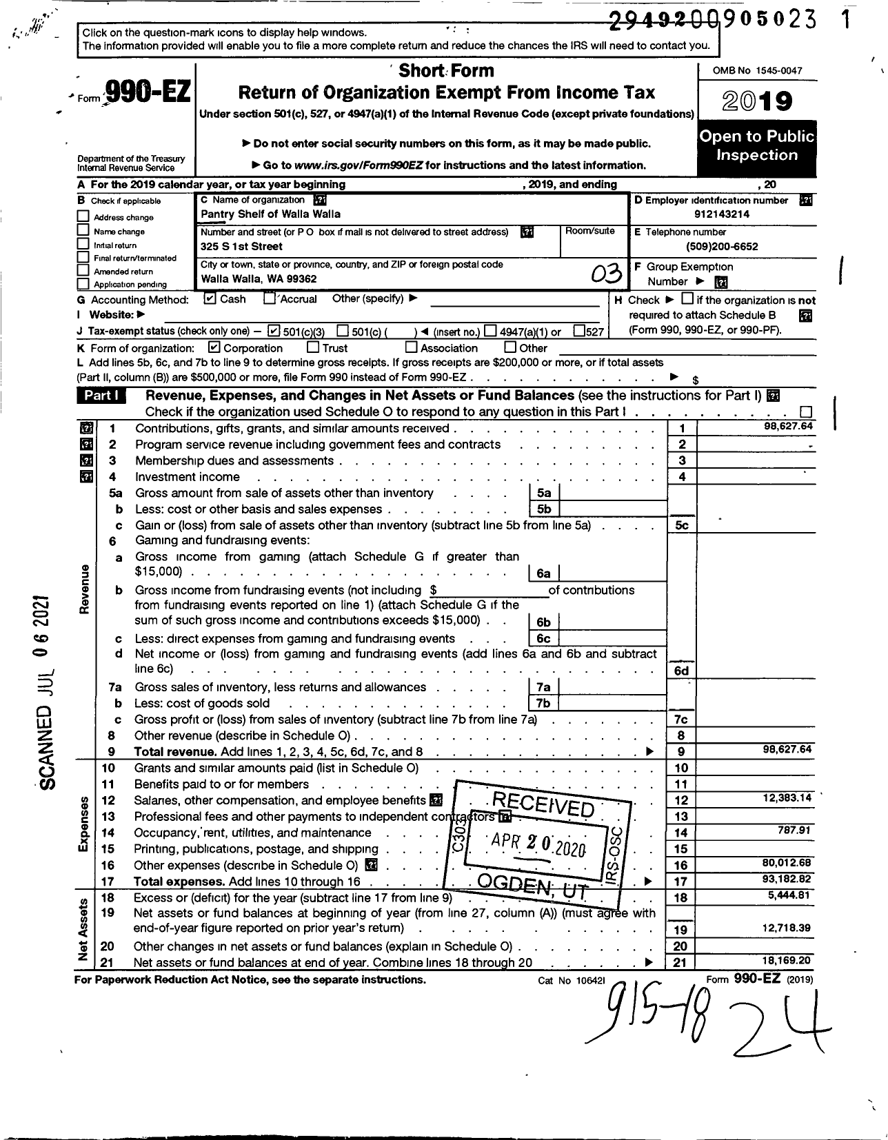 Image of first page of 2019 Form 990EZ for Pantry Shelf of Walla