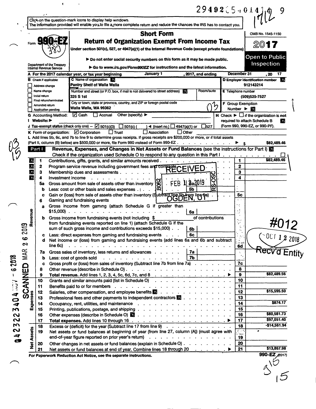 Image of first page of 2017 Form 990EZ for Pantry Shelf of Walla