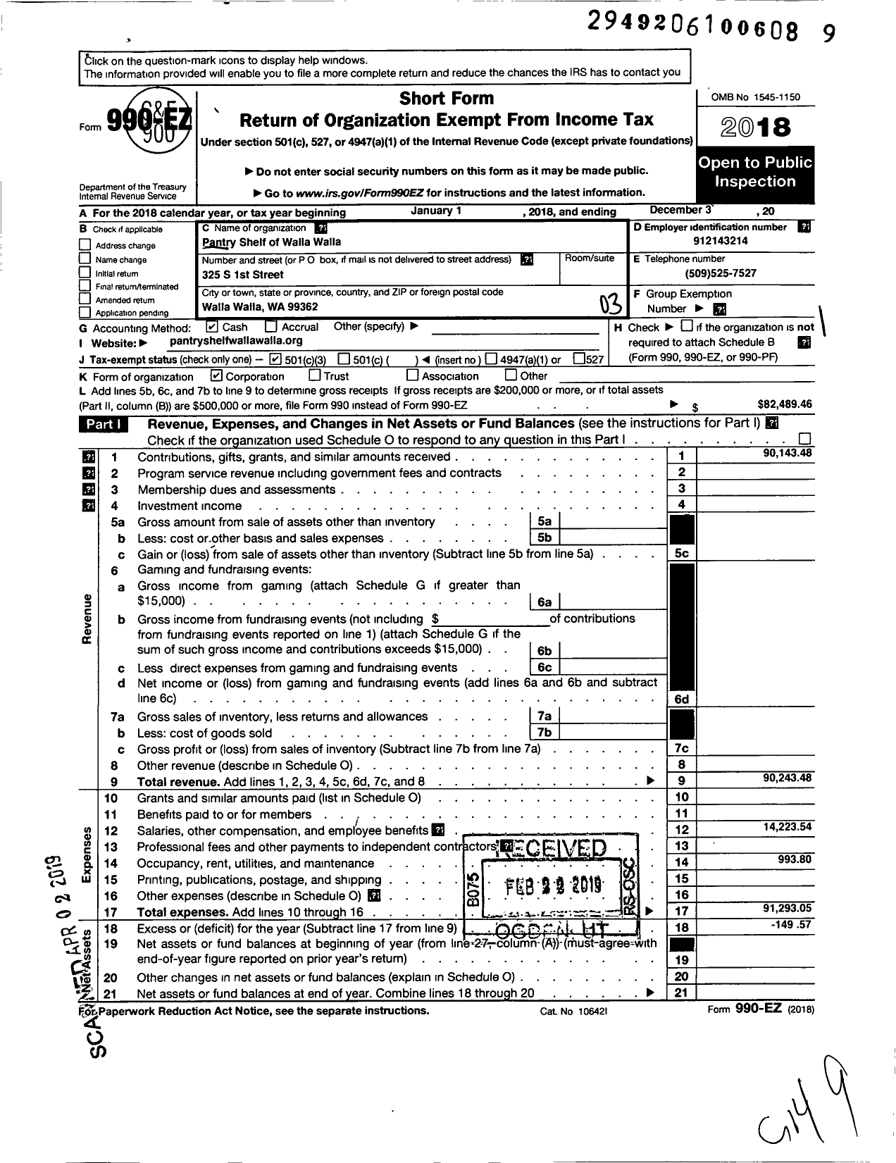 Image of first page of 2018 Form 990EZ for Pantry Shelf of Walla