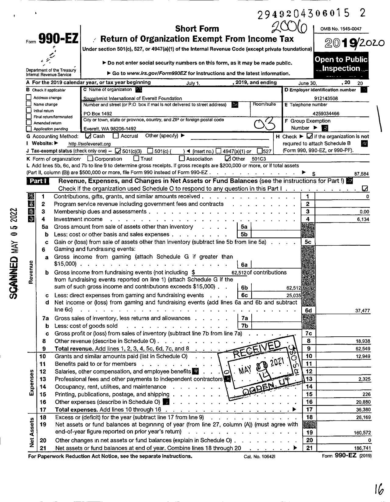 Image of first page of 2019 Form 990EZ for Soroptimist International of Everett Foundation